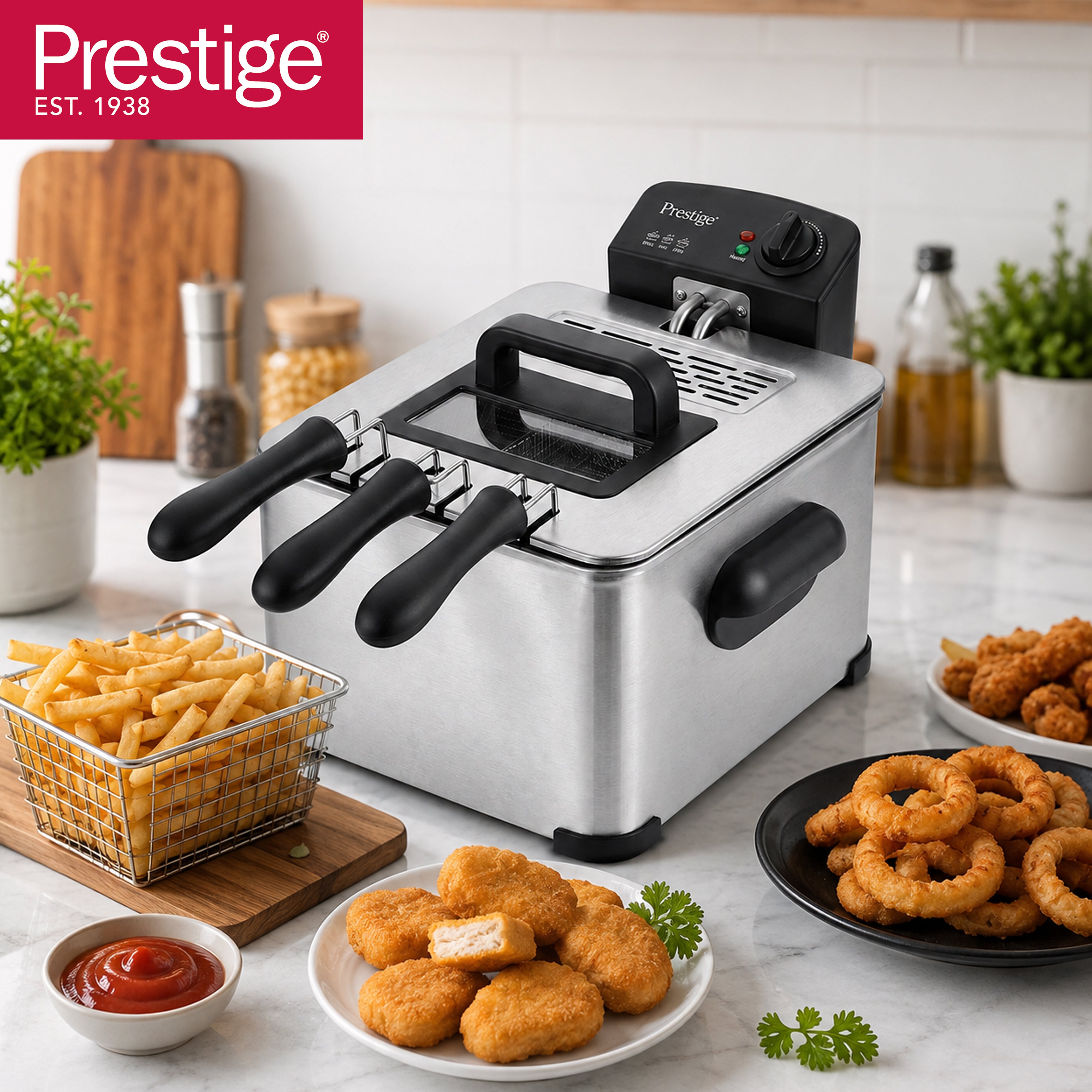 Prestige Stainless Steel Deep Fryer 4L 2000W with 3 Baskets and Viewing Window | PR81400