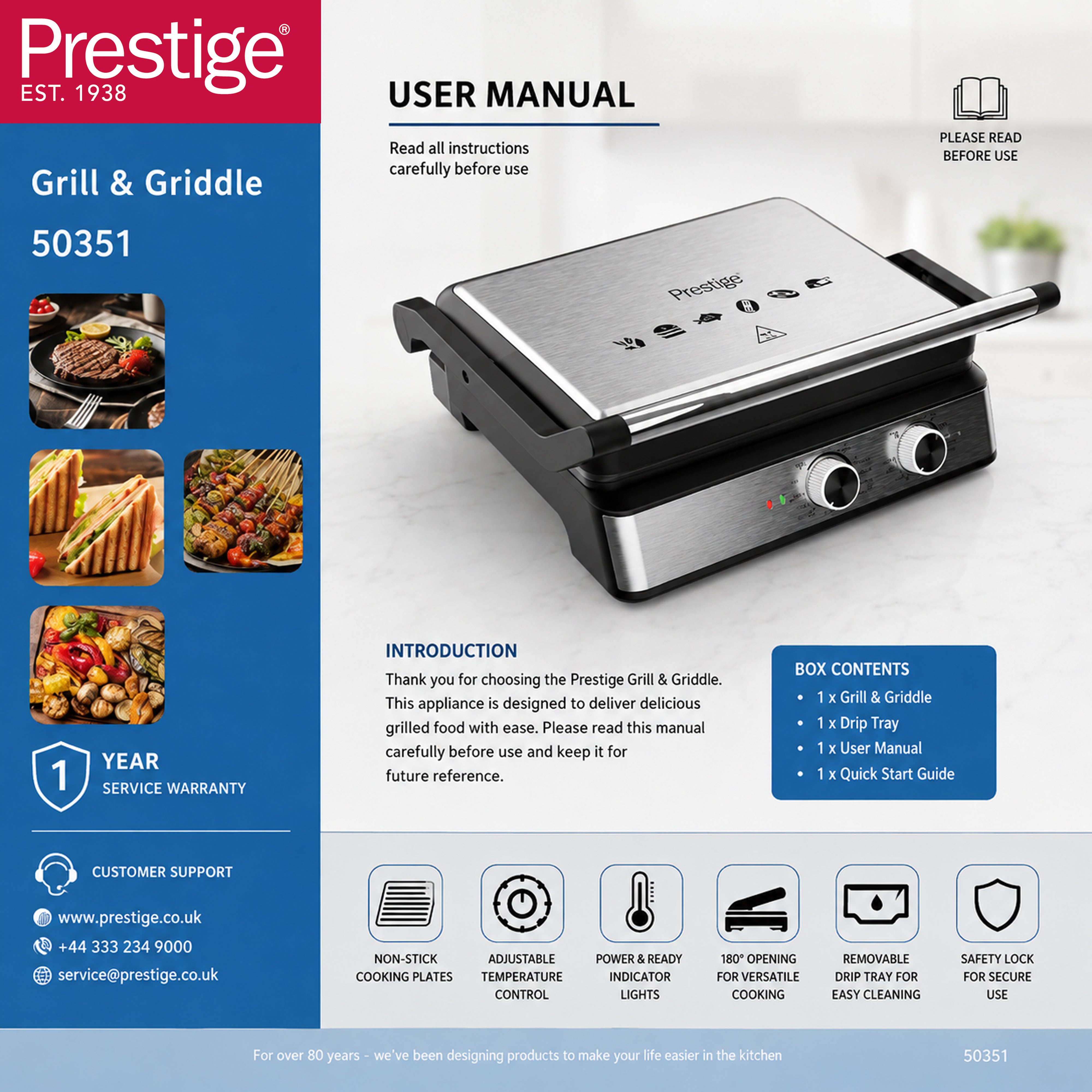 Prestige 2200W Grill & Griddle | Granite Non-Stick Coated Griller | PR50351