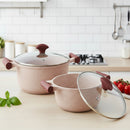 Prestige Essentials Pots and Pans Set | Granite 6 Piece Non-Stick Cast Aluminium Cookware set | Induction Base | Non Stick Cooking Set | Pink PR80969