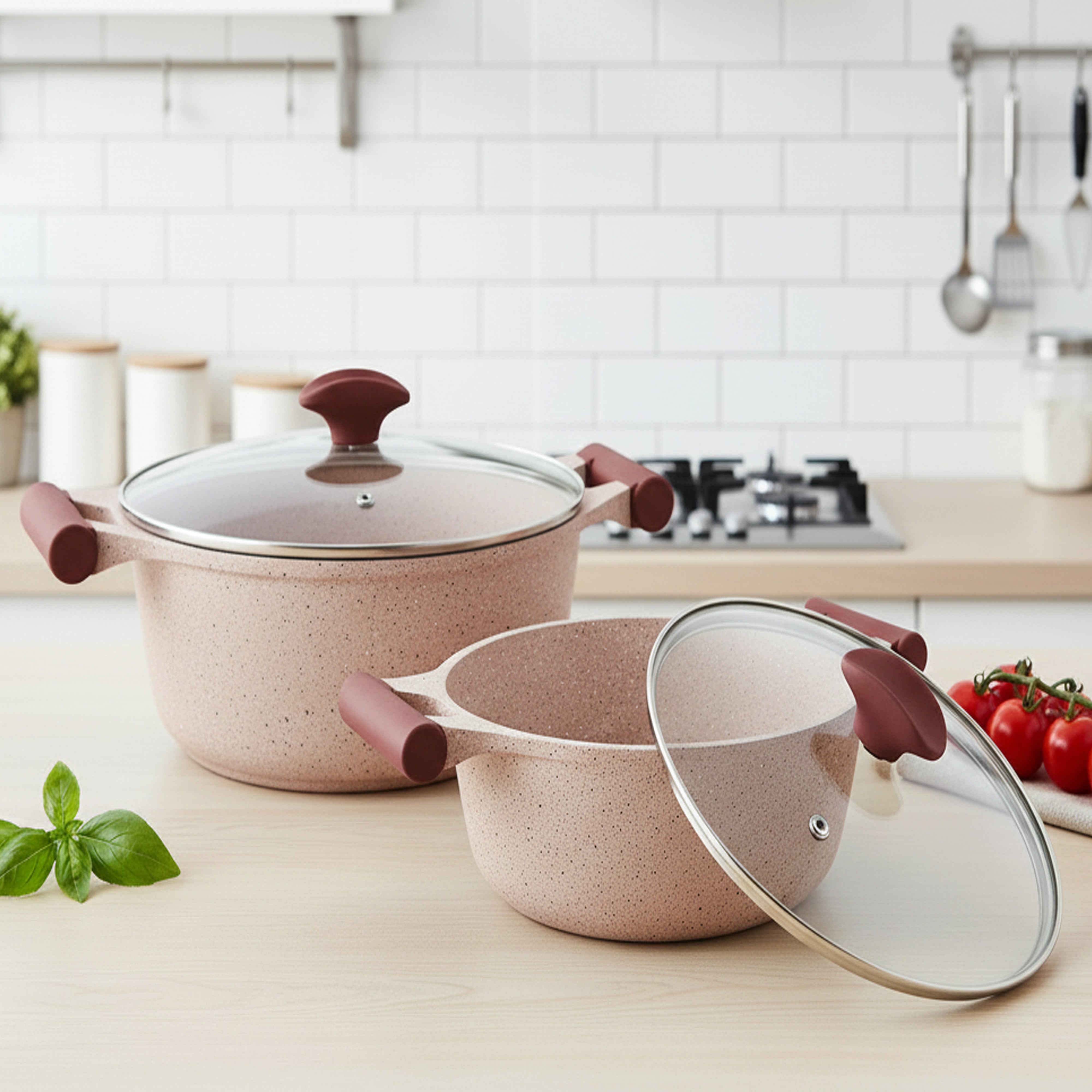 Prestige Essentials Pots and Pans Set | Granite 6 Piece Non-Stick Cast Aluminium Cookware set | Induction Base | Non Stick Cooking Set | Pink PR80969