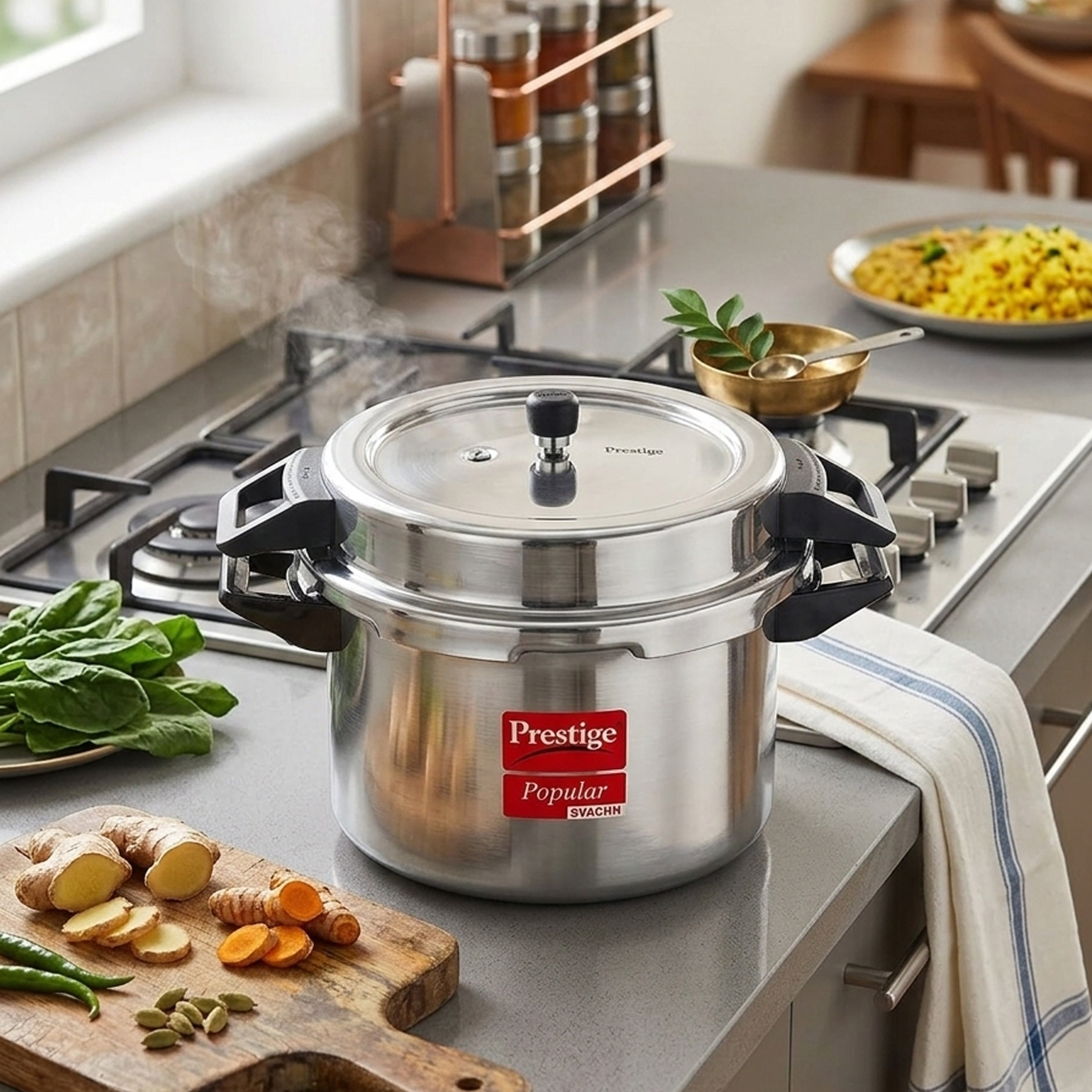 Prestige Popular Plus Svachh Virgin Aluminium Spillage Control Outer Lid Pressure Cooker, (Silver), 20 Liter