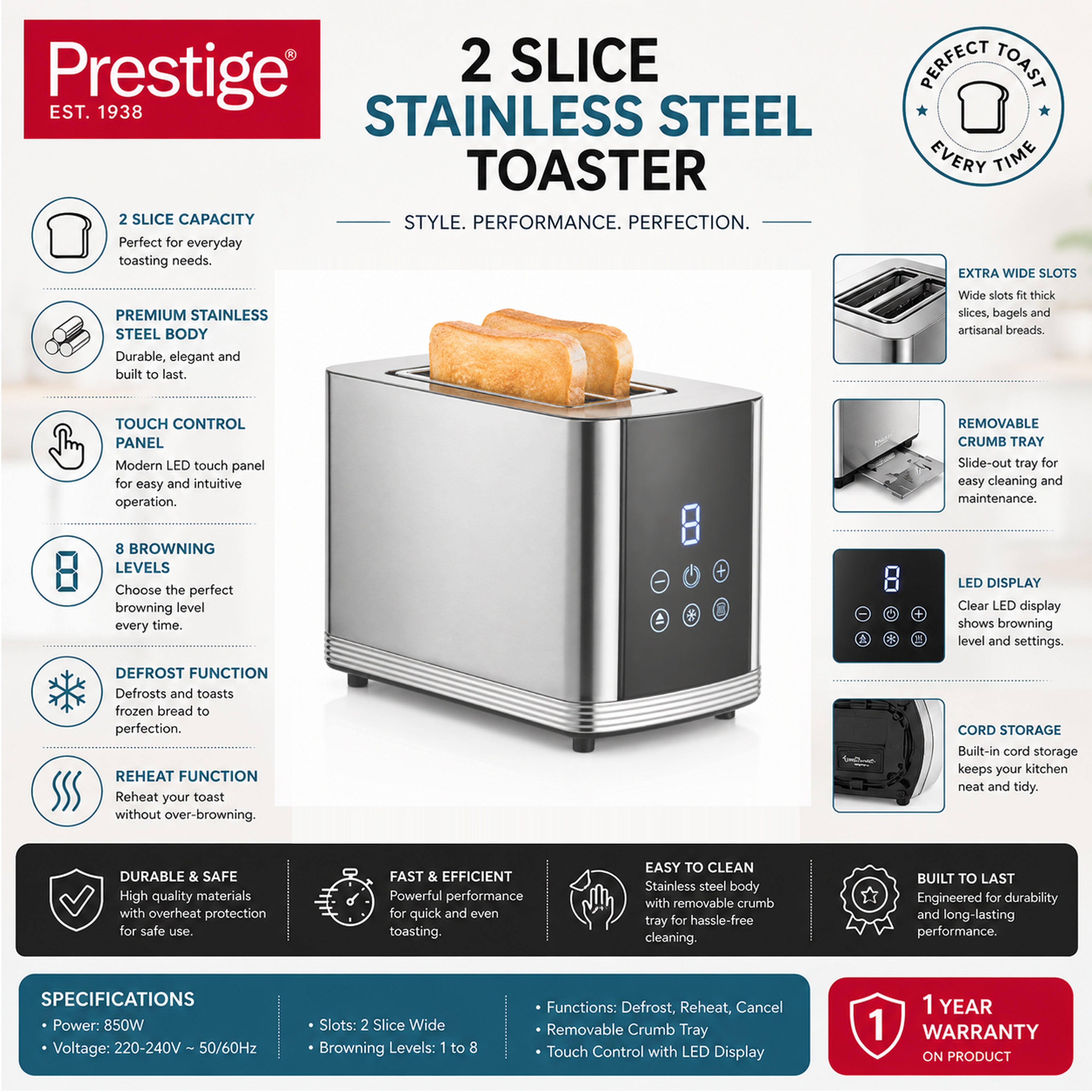 Prestige 2 Slice 800W Stainless Steel Toaster with Digital Touchscreen Interface | PR81535