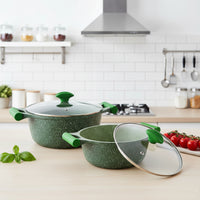 Prestige Essentials Pots and Pans Set | Granite 6 Piece Non-Stick Cast Aluminium Cookware set | Induction Base | Non Stick Cooking Set Combo | Green PR80968