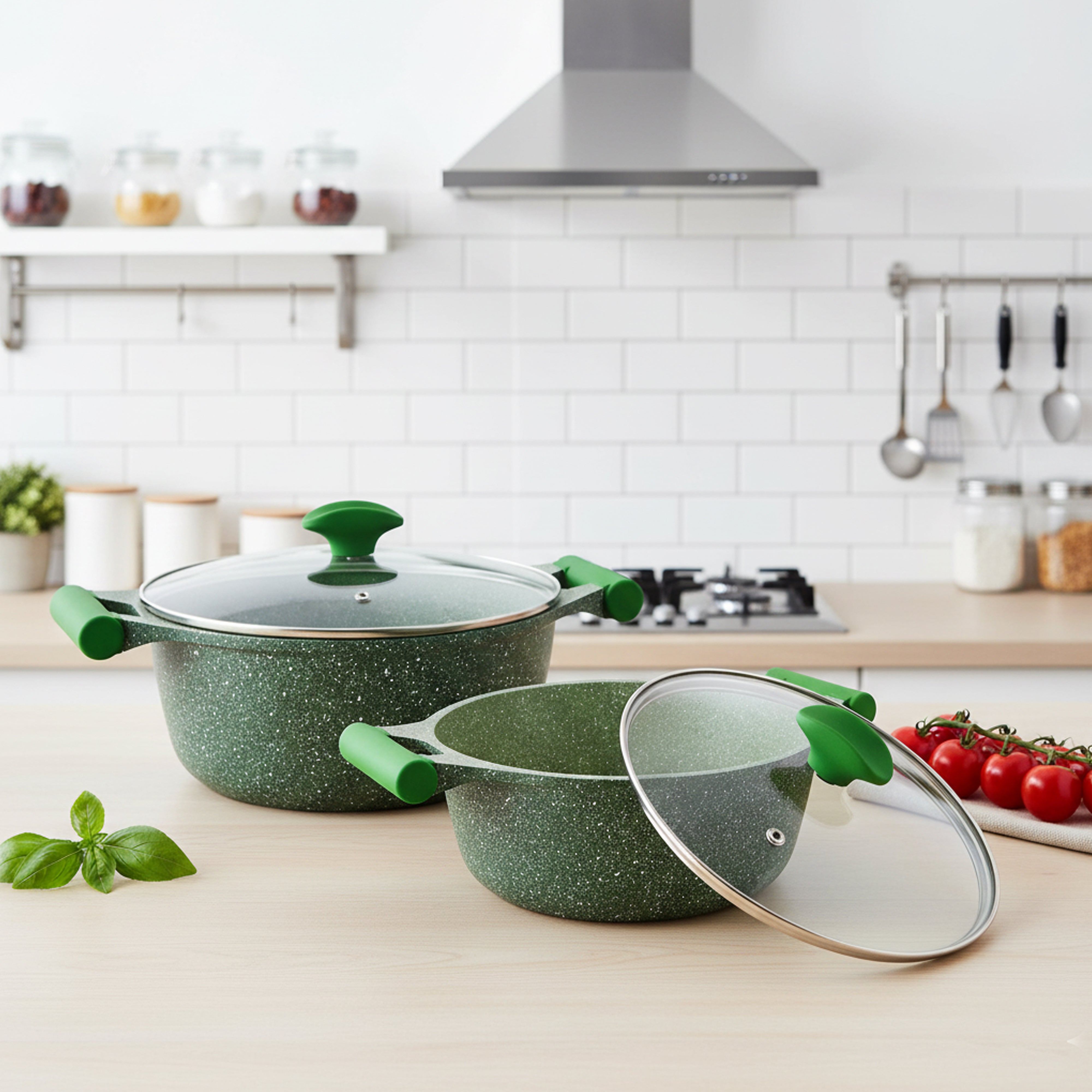 Prestige Essentials Pots and Pans Set | Granite 6 Piece Non-Stick Cast Aluminium Cookware set | Induction Base | Non Stick Cooking Set Combo | Green PR80968