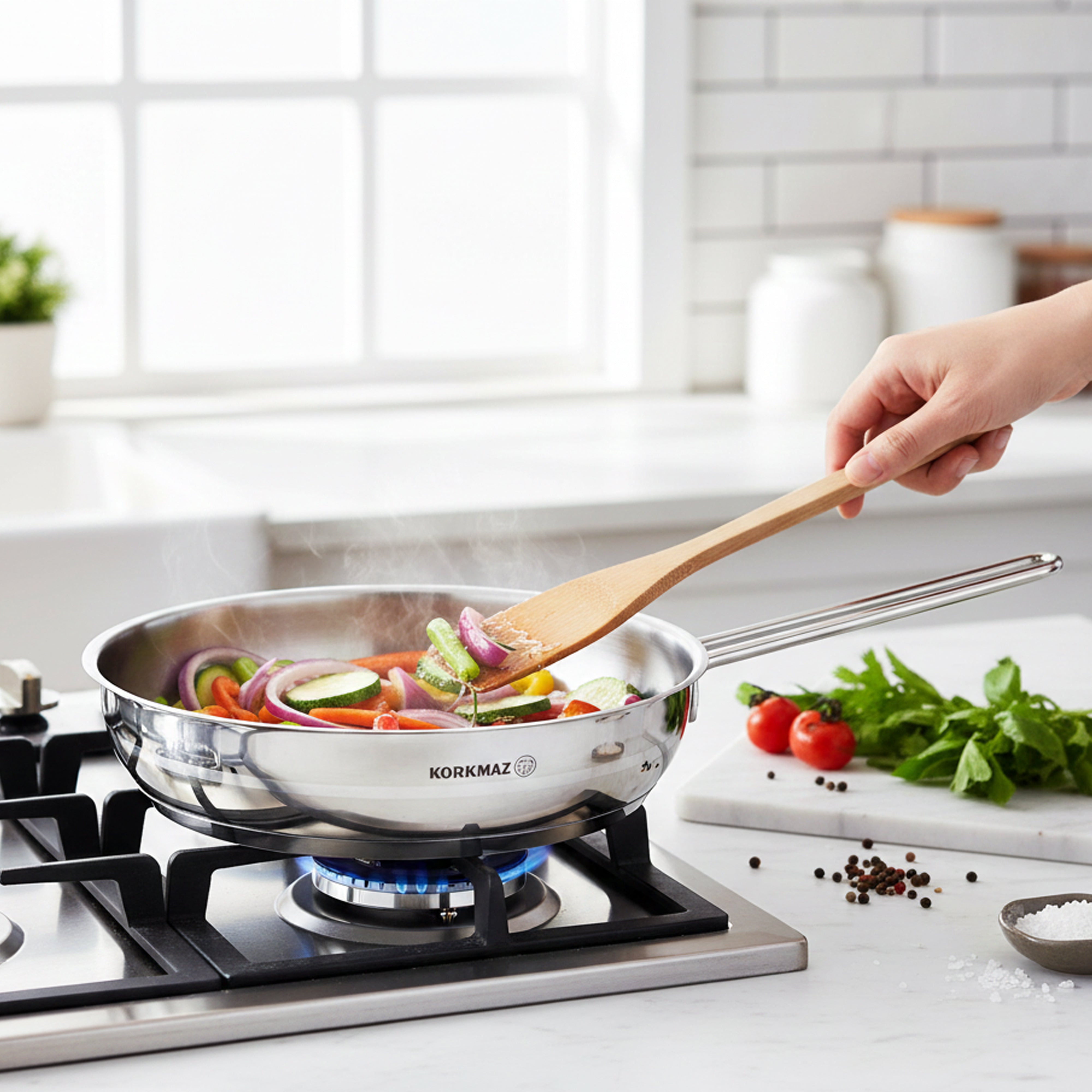 Korkmaz Astra Grande 14 Pieces Stainless Steel Cookware Set | Induction Compatible Tri-Ply Bottom Cookware Pots and Pans Set | KA1091