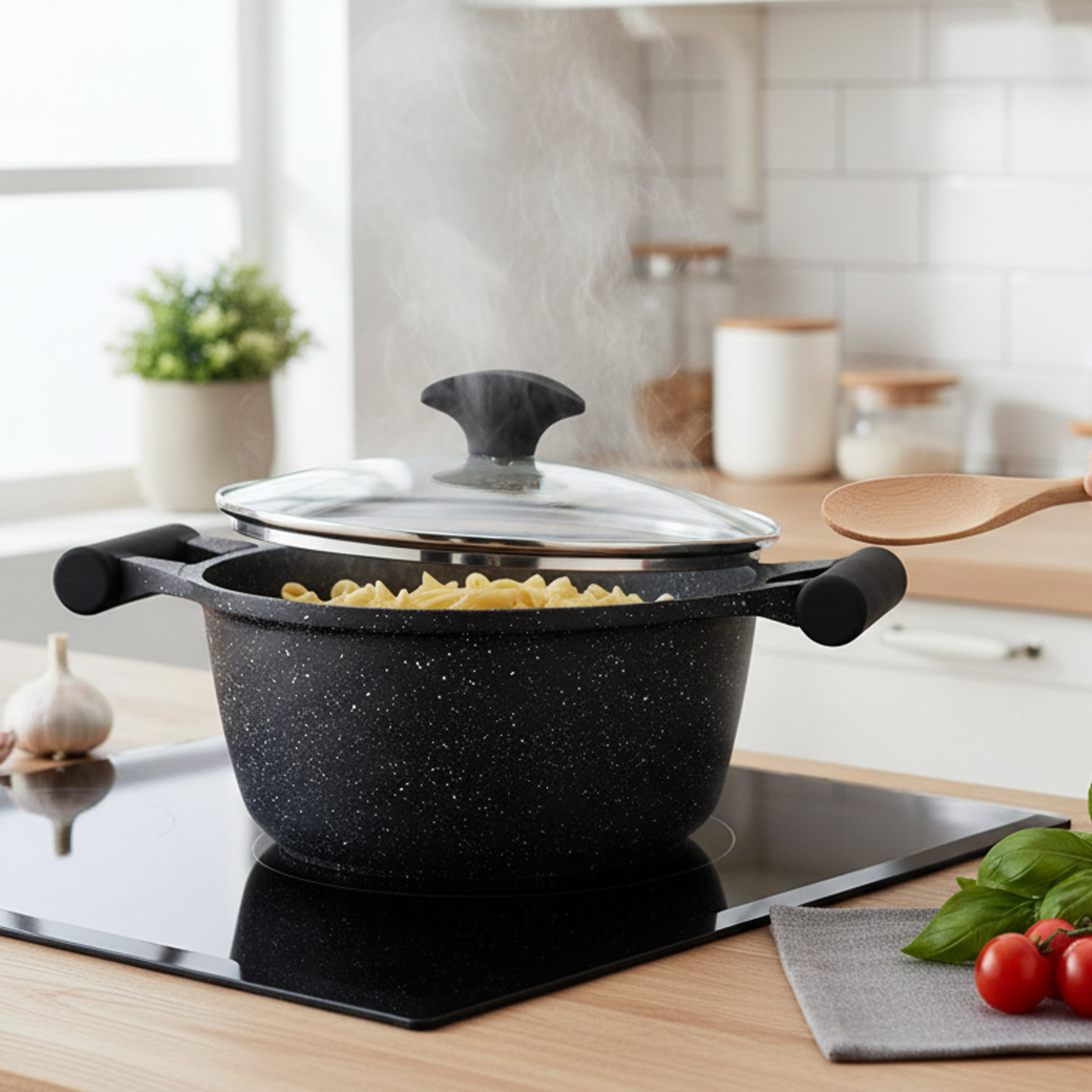 Prestige Essentials Pots and Pans Set | Granite 6 Piece Non-Stick Cast Aluminium Cookware set | Induction Base | Non Stick Cooking Set | Black PR80970