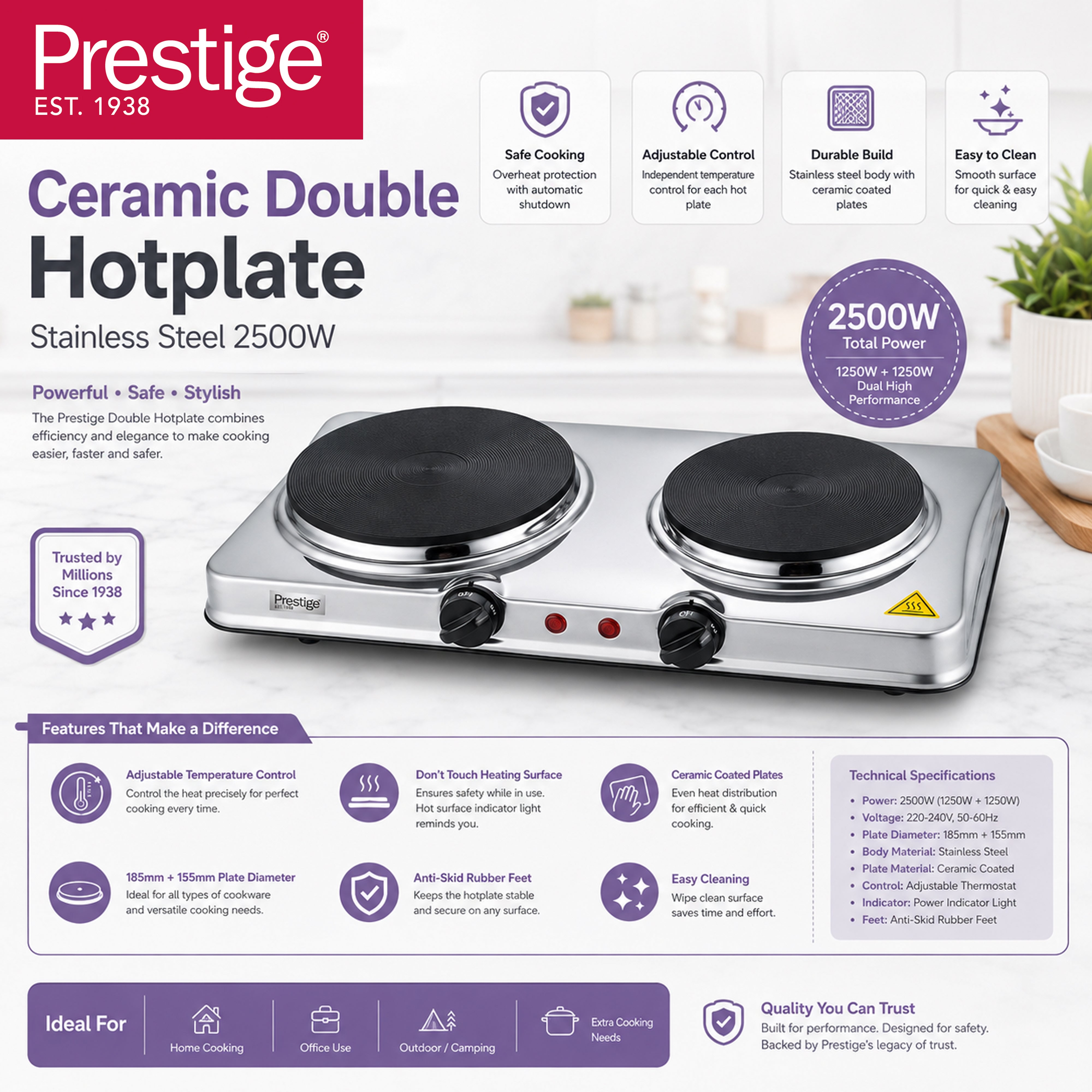Prestige Ceramic Double Hotplate Stainless Steel Body With Dual Temperature Controls | 2500W  - PR81404