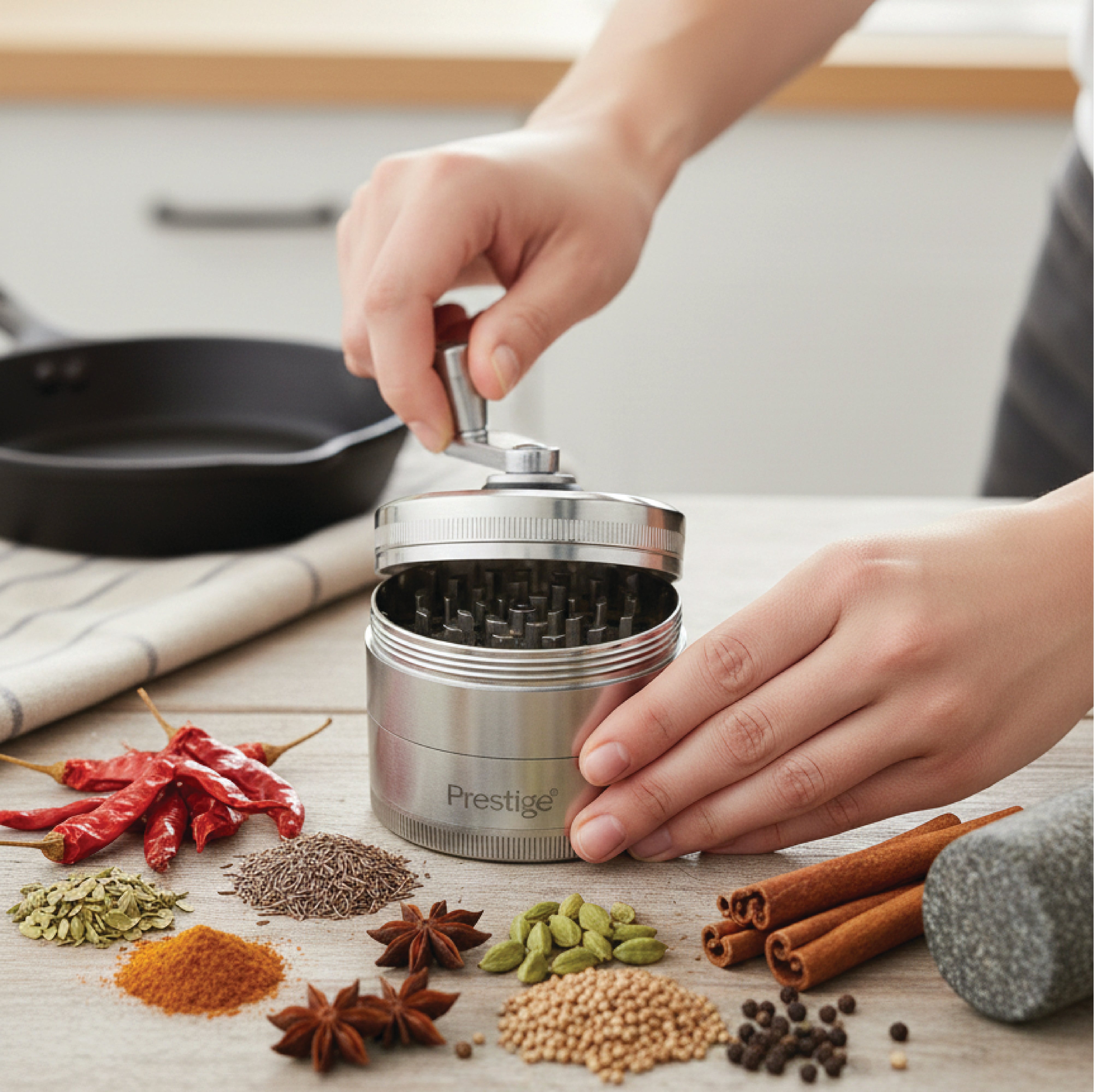 Prestige Herb Grinder 4 Layers Grinder | Hand Crank Spice/Coffee Mill with Magnetic Lid (Silver) | PR50633