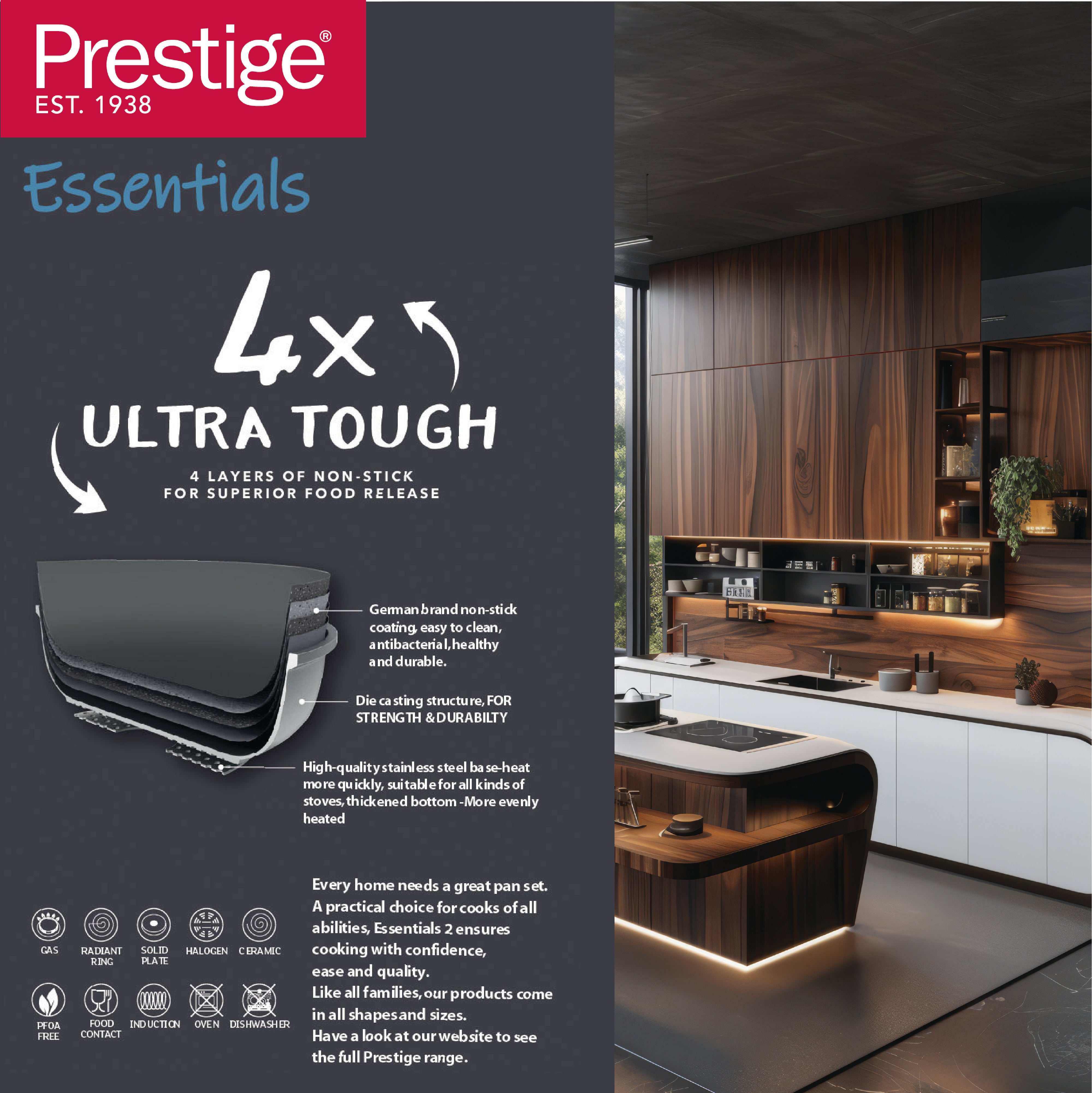 Prestige Essentials Cast Aluminum Wok with Glass Lid 28cm | Non stick Induction Compatible Cooking Pot | Black - PR81167