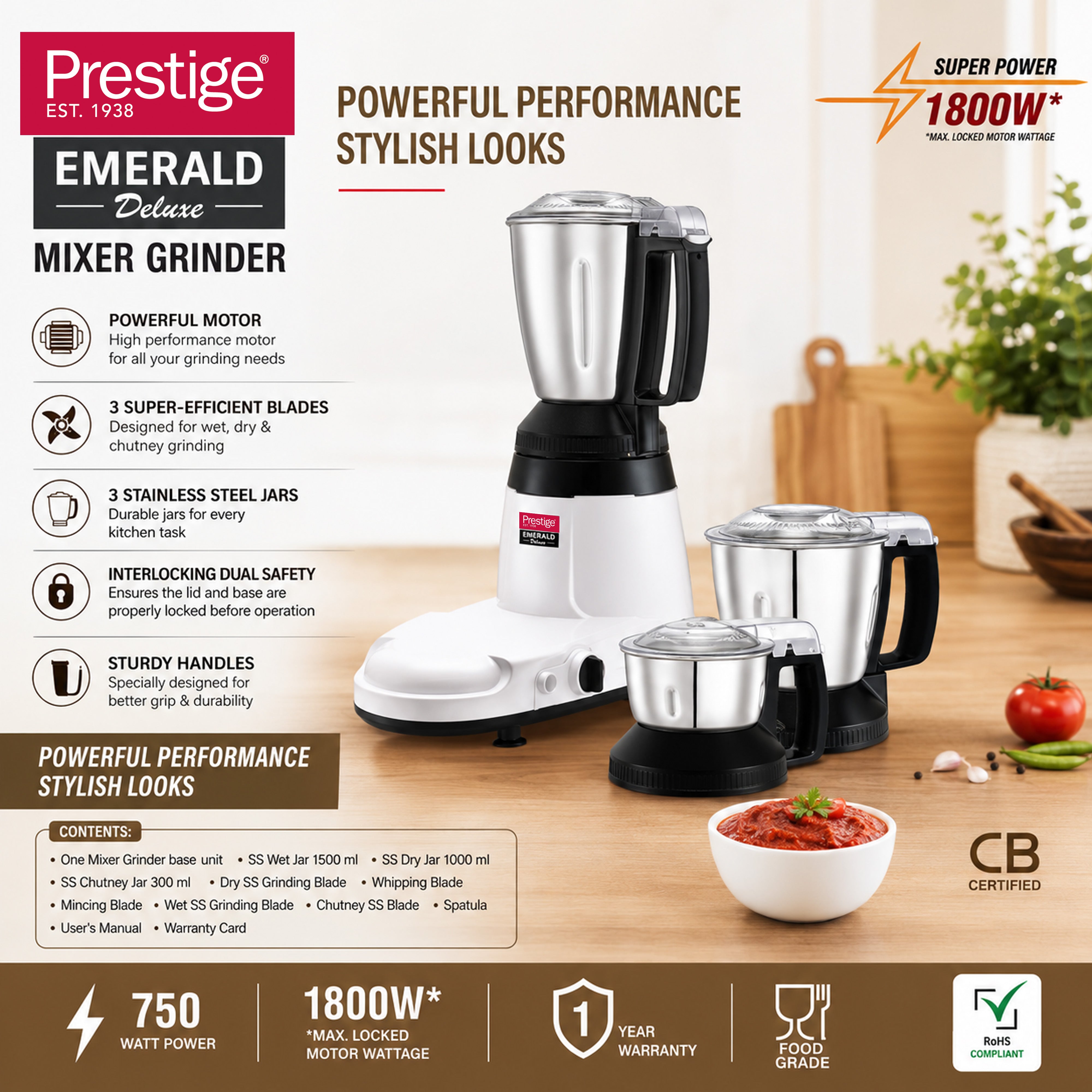Prestige Emerald Deluxe 1800W Max Mixer Grinder with 3 Jars | PR43192