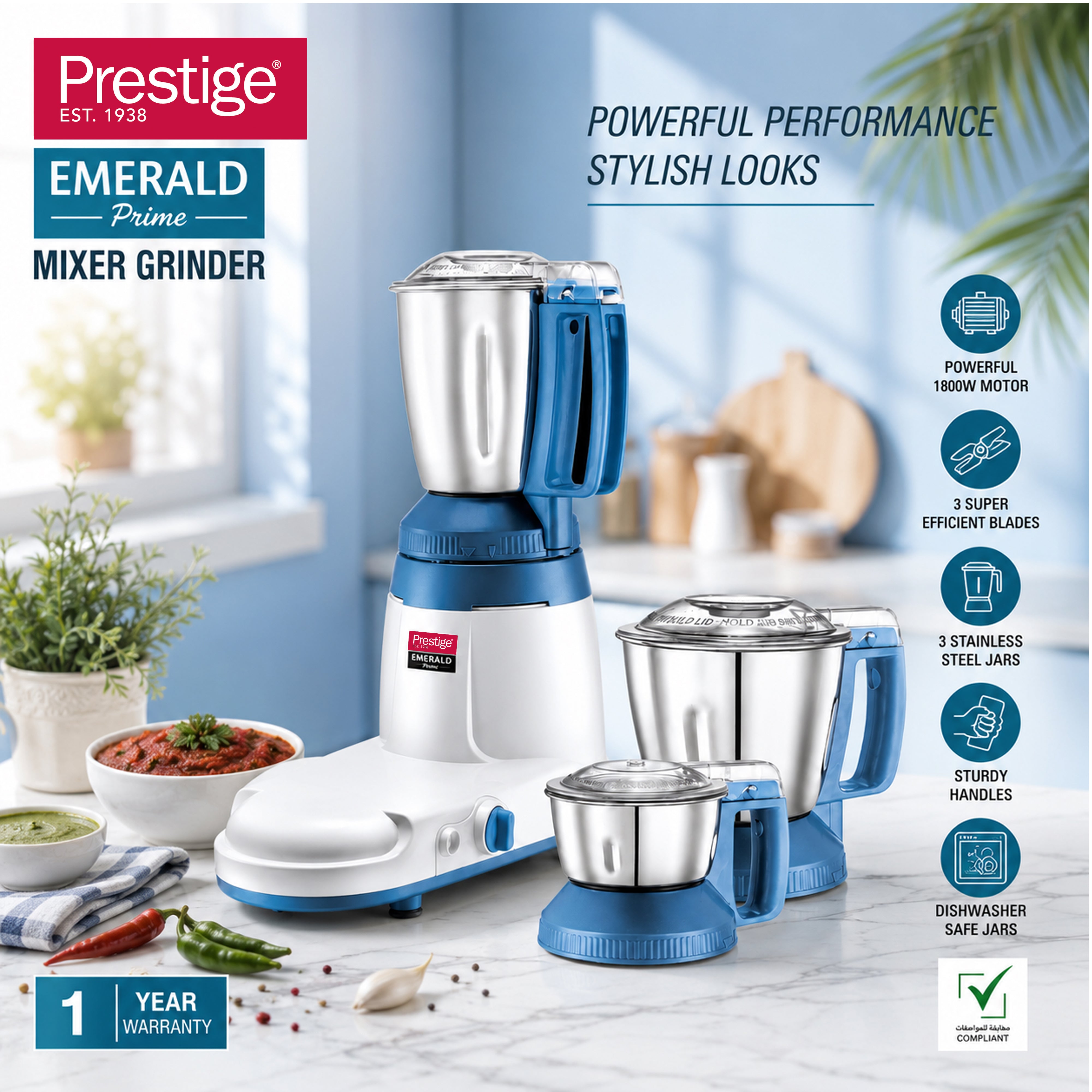 Prestige Emerald Prime Mixer Grinder 1800W Max (3 Jars) - Blue | PR43193