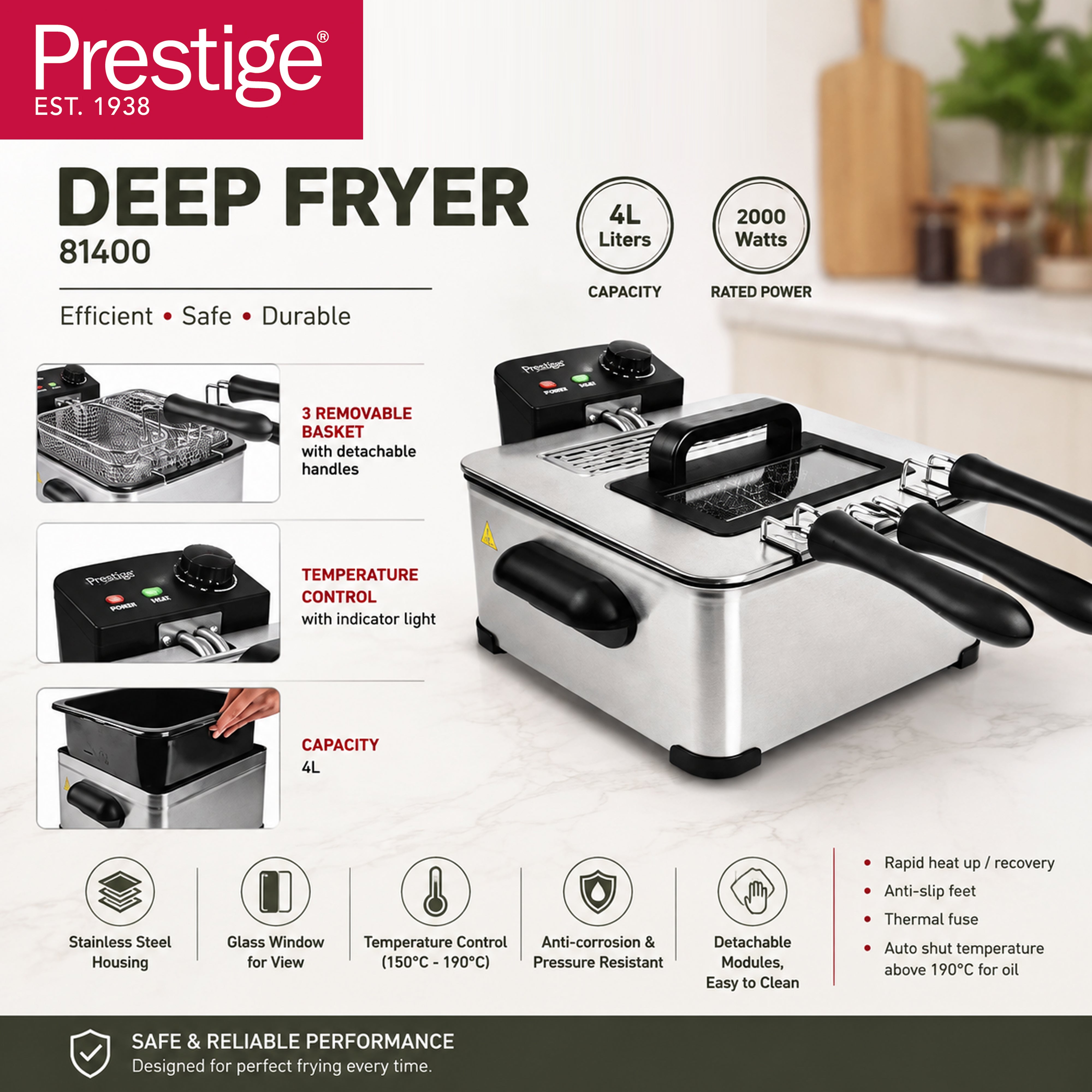 Prestige Stainless Steel Deep Fryer 4L 2000W with 3 Baskets and Viewing Window | PR81400