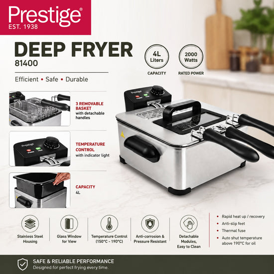 Prestige Stainless Steel Deep Fryer 4L 2000W with 3 Baskets and Viewing Window | PR81400