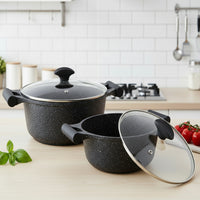 Prestige Essentials Granite 7 Piece Non-Stick Cast Aluminium Cookware Sets | Induction Compatible Pots and Pans Set | Black - PR80962