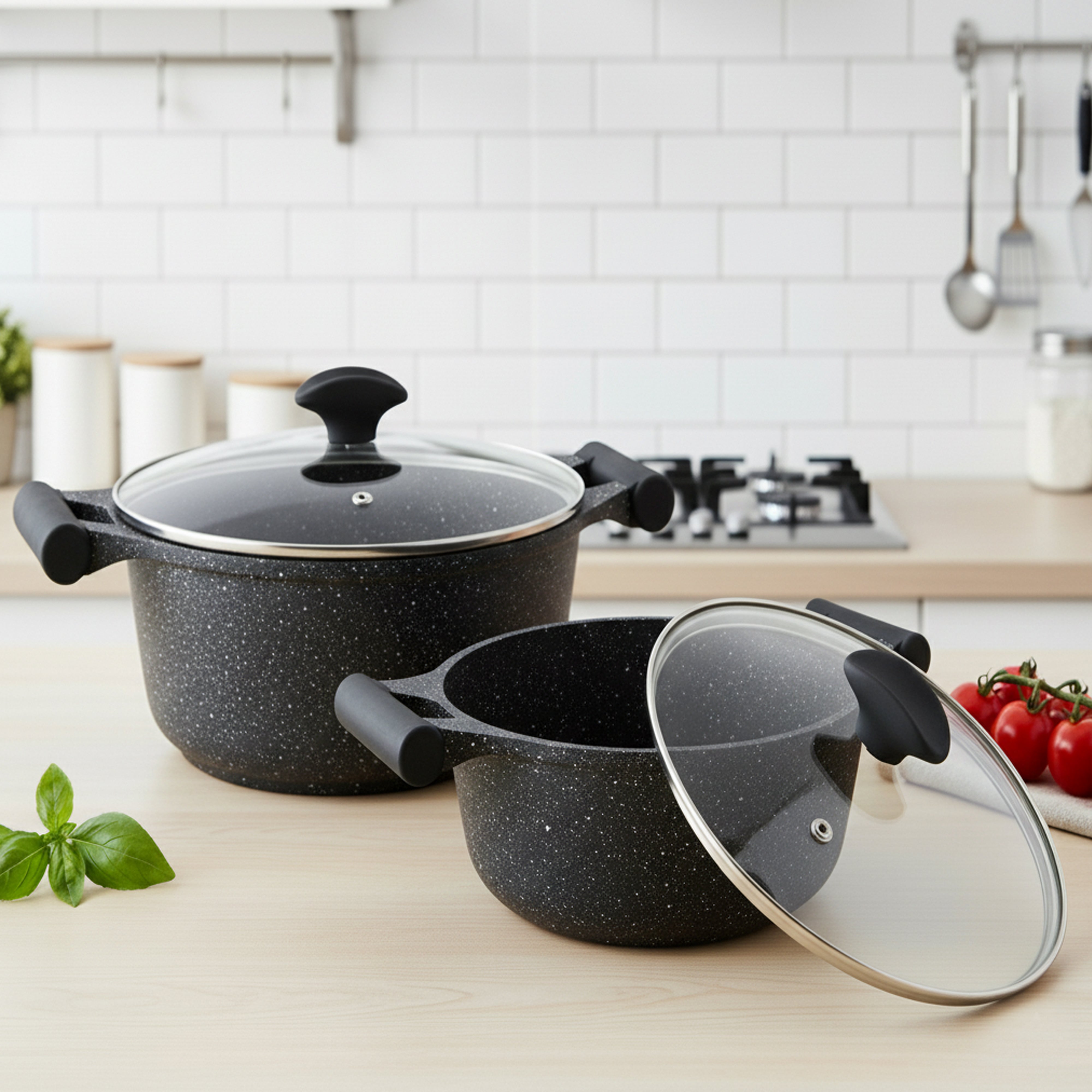 Prestige Essentials Granite 7 Piece Non-Stick Cast Aluminium Cookware Sets | Induction Compatible Pots and Pans Set | Black - PR80962