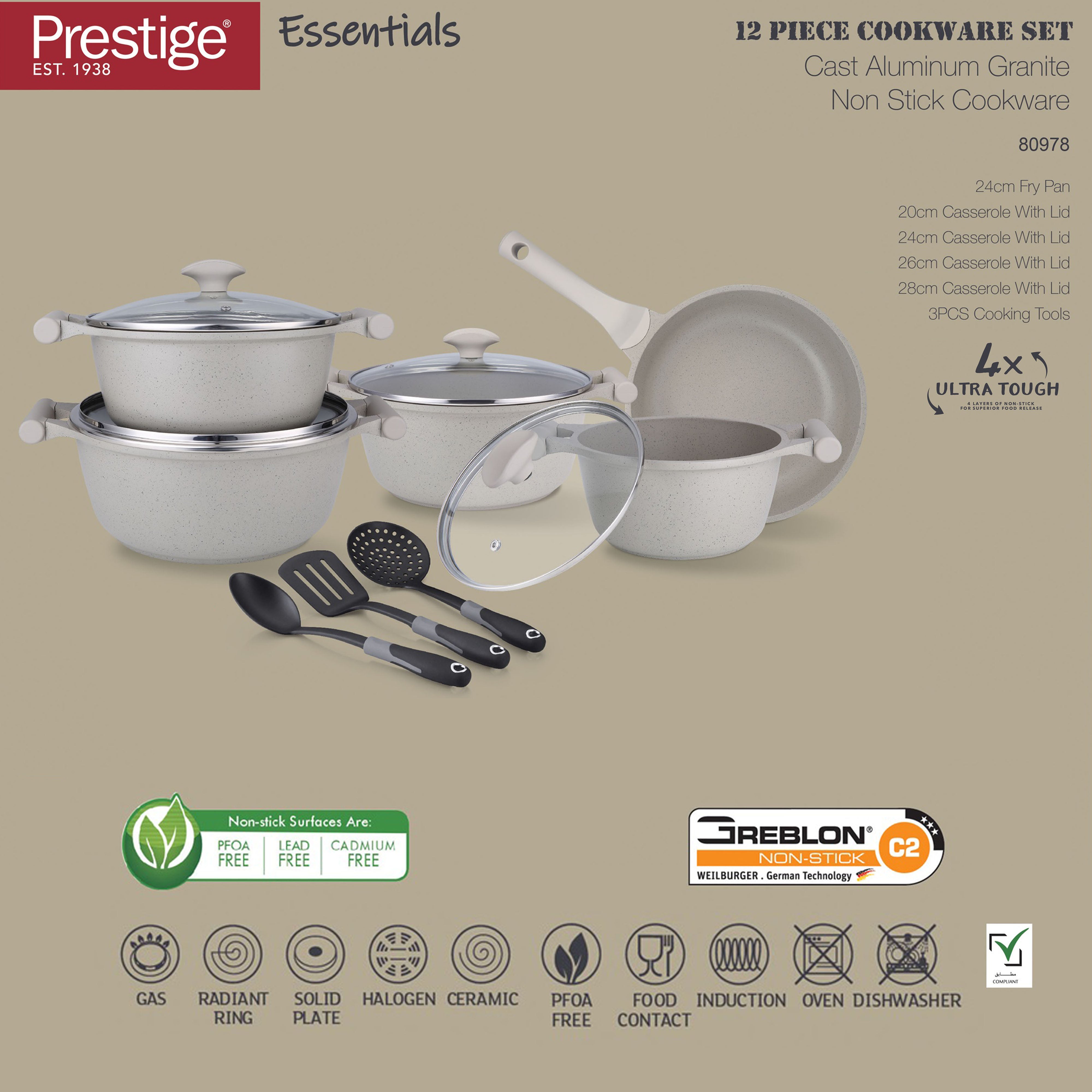 Prestige Essentials 12-Piece Grey Granite Cookware Set | Non-Stick Pots and Pans Set | Induction Compatible Cooking Set | PR80978