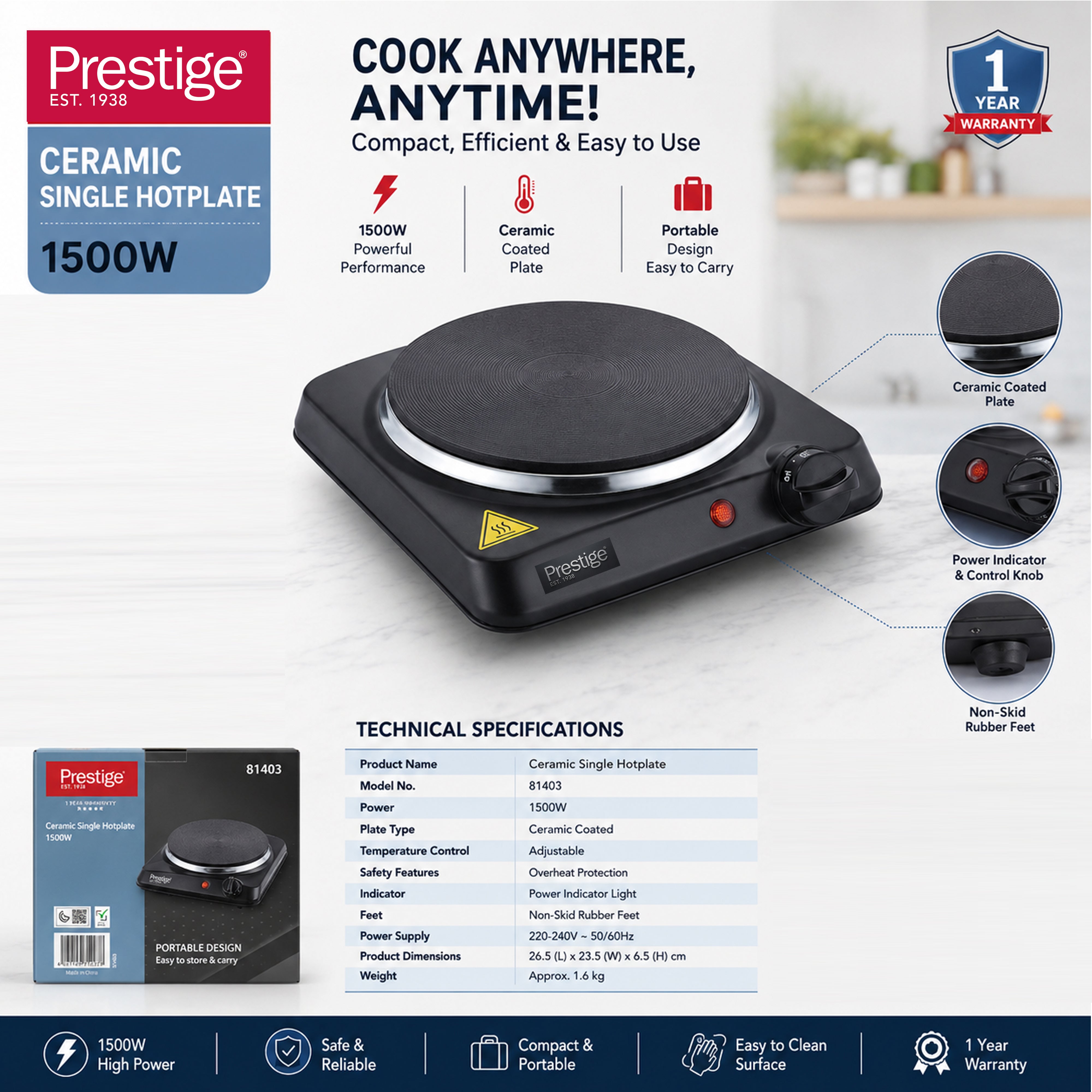 Prestige 1500W ceramic single hotplate PR81403 rust proof body with 185mm heating zone
