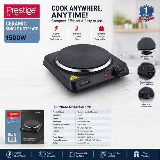 Prestige Ceramic Single Hotplate Rust Proof Body With 185 Mm Heating Zone | 1500W -  PR81403