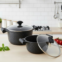 Prestige Essentials Granite 7 Piece Non-Stick Cast Aluminium Cookware Sets | Induction Compatible Pots and Pans Set | Black - PR80962