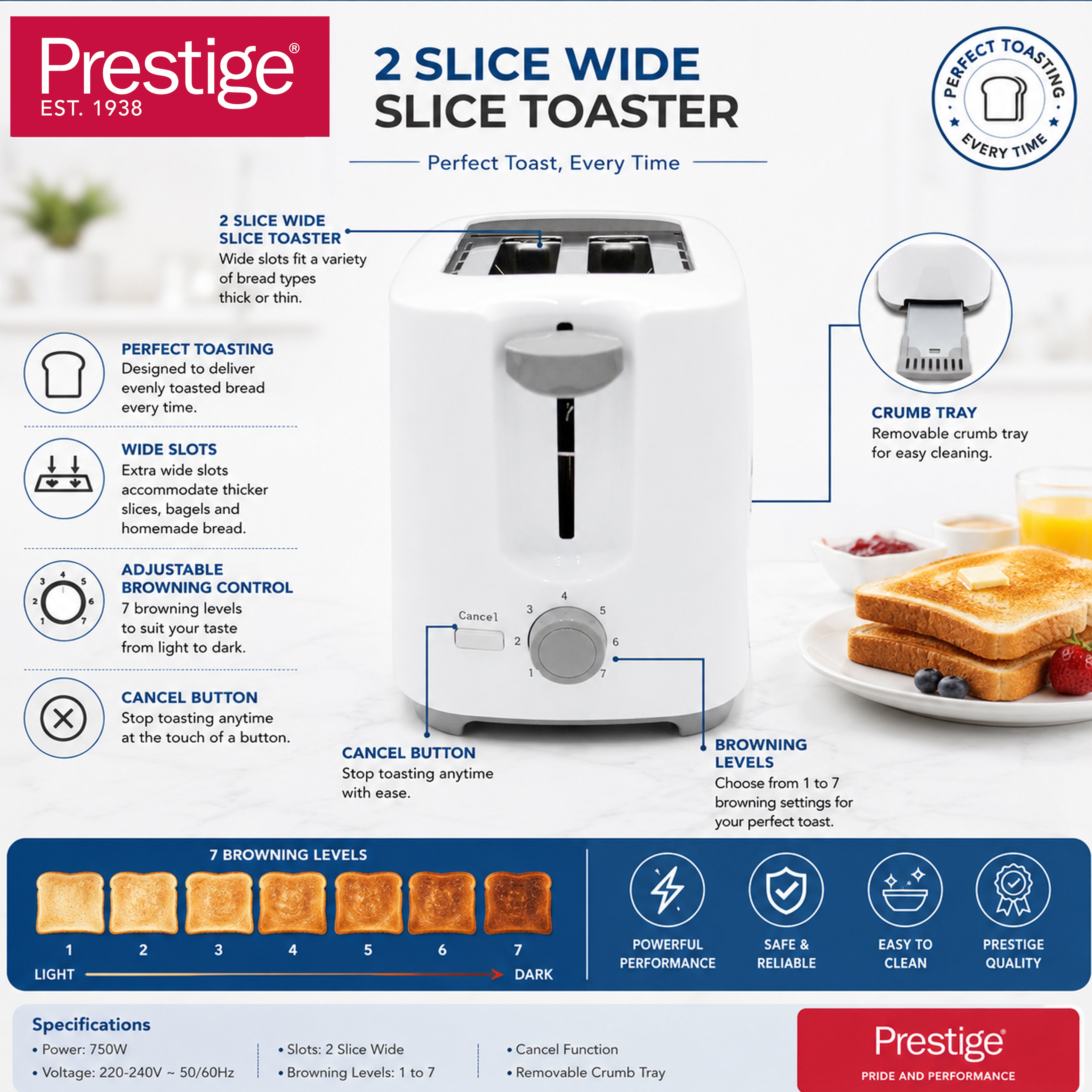 Prestige 2 Slice 700W Electric Toaster with 7 Browning Settings | Color - White | PR81533