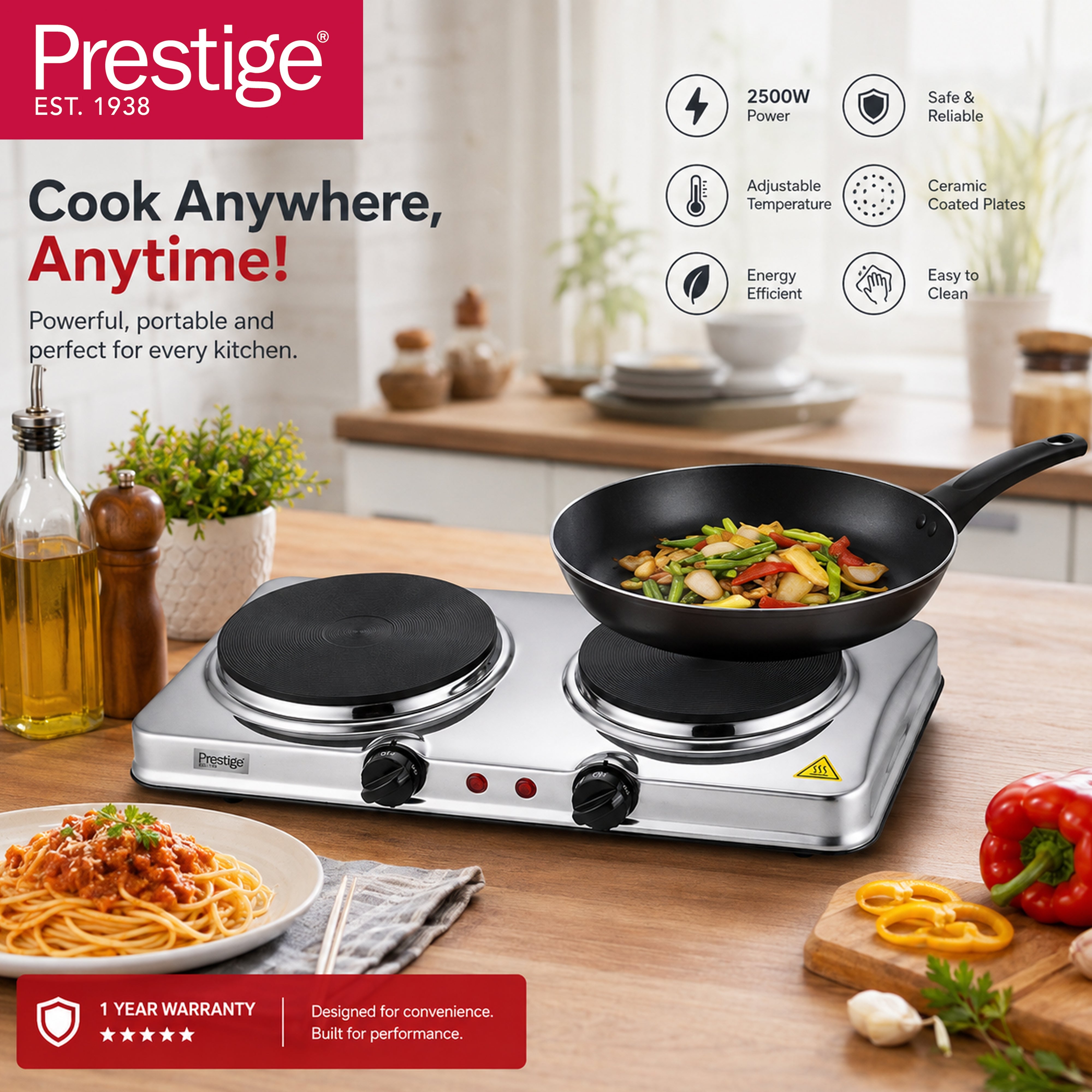 Prestige Ceramic Double Hotplate Stainless Steel Body With Dual Temperature Controls | 2500W  - PR81404