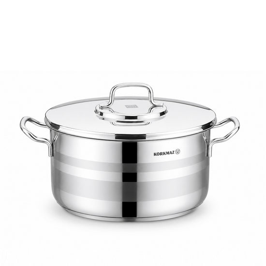 Korkmaz Astron 8 Pcs Cookware Set | Stainless Steel Pots and Pans Set | Inductions Compatible Tri-Ply Bottom Cooking Set | Silver - KA2055