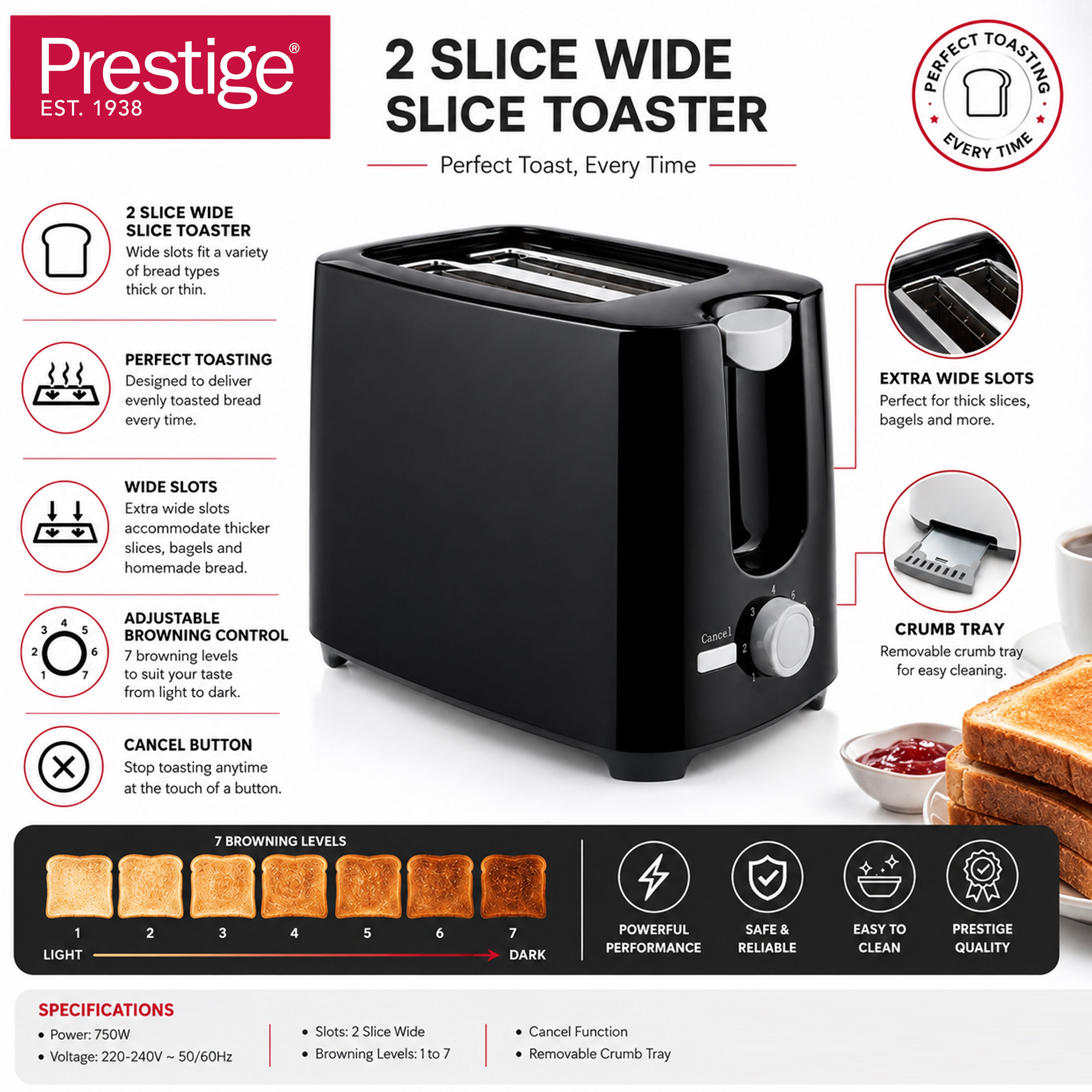 Prestige 2 Slice 700W Electric Toaster with 7 Browning Settings | Color - Black | PR81534