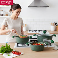 Prestige Essentials Pots and Pans Set | Granite 6 Piece Non-Stick Cast Aluminium Cookware set | Induction Base | Non Stick Cooking Set Combo | Green PR80968
