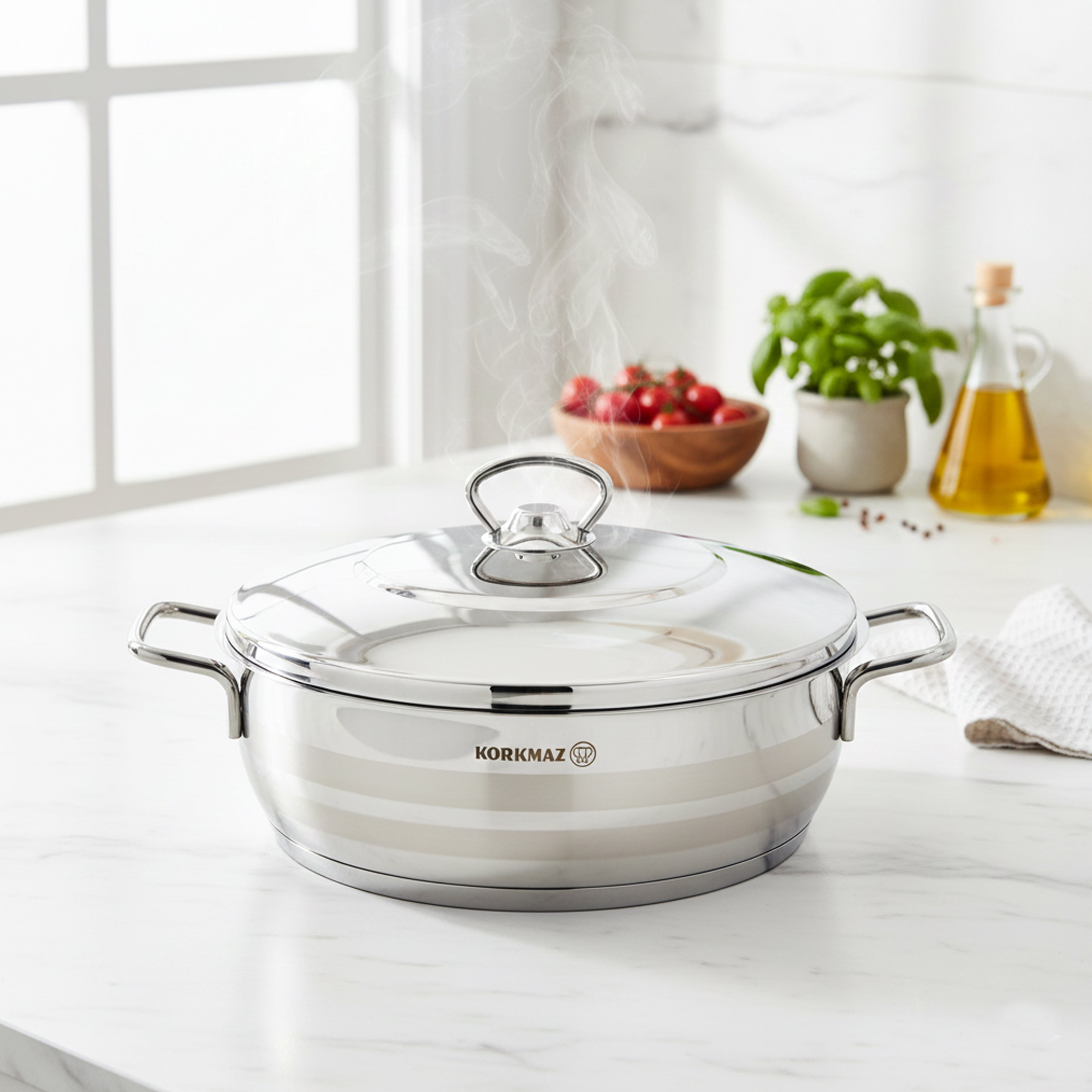 Korkmaz Astra Grande 14 Pieces Stainless Steel Cookware Set | Induction Compatible Tri-Ply Bottom Cookware Pots and Pans Set | KA1091