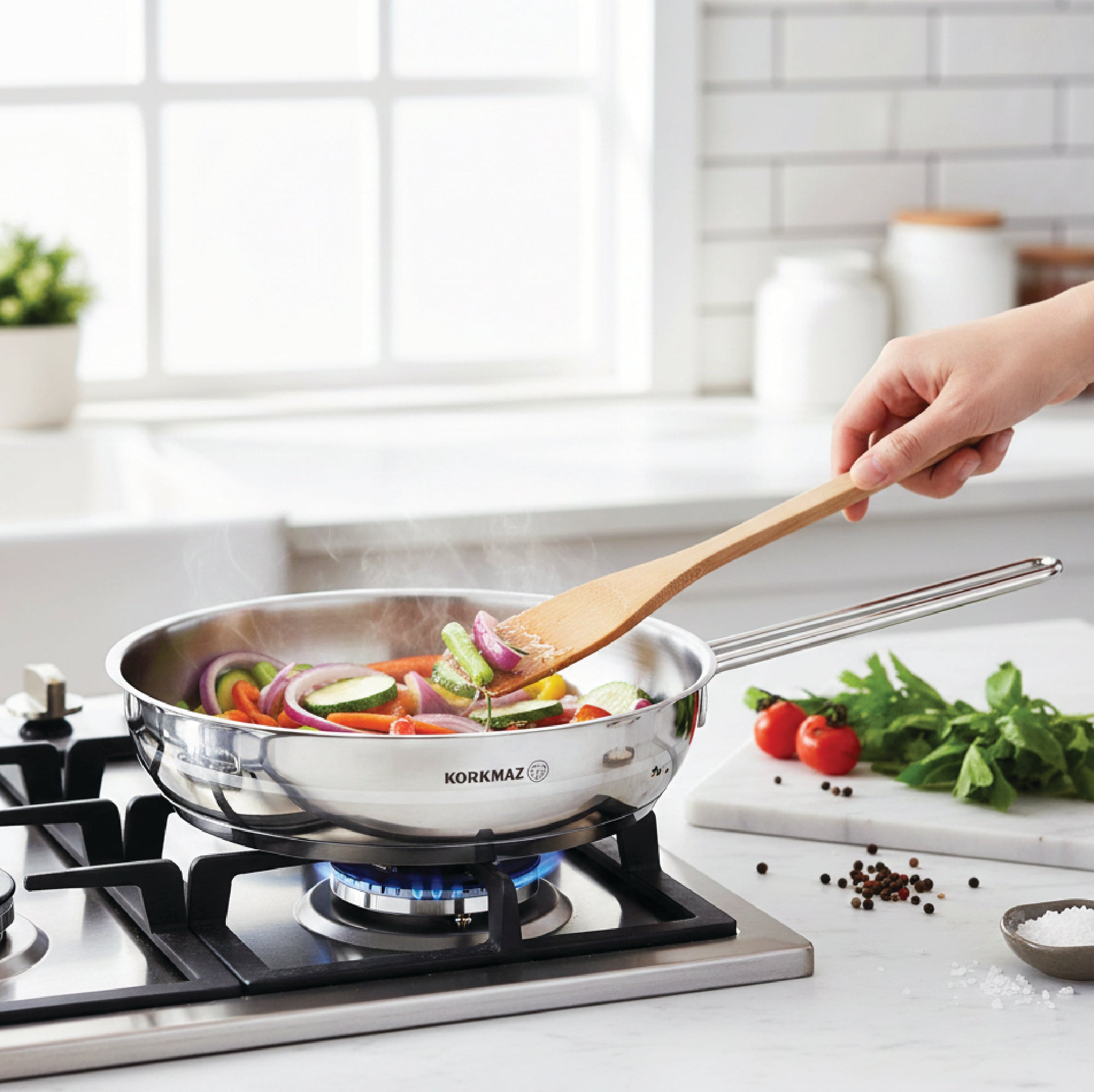 Korkmaz Alfa Grande 14 Pieces Stainless Steel Cookware Set | Stainless Steel Induction Compatible Tri-Ply Bottom Pots and Pans Set | Silver - KA1089