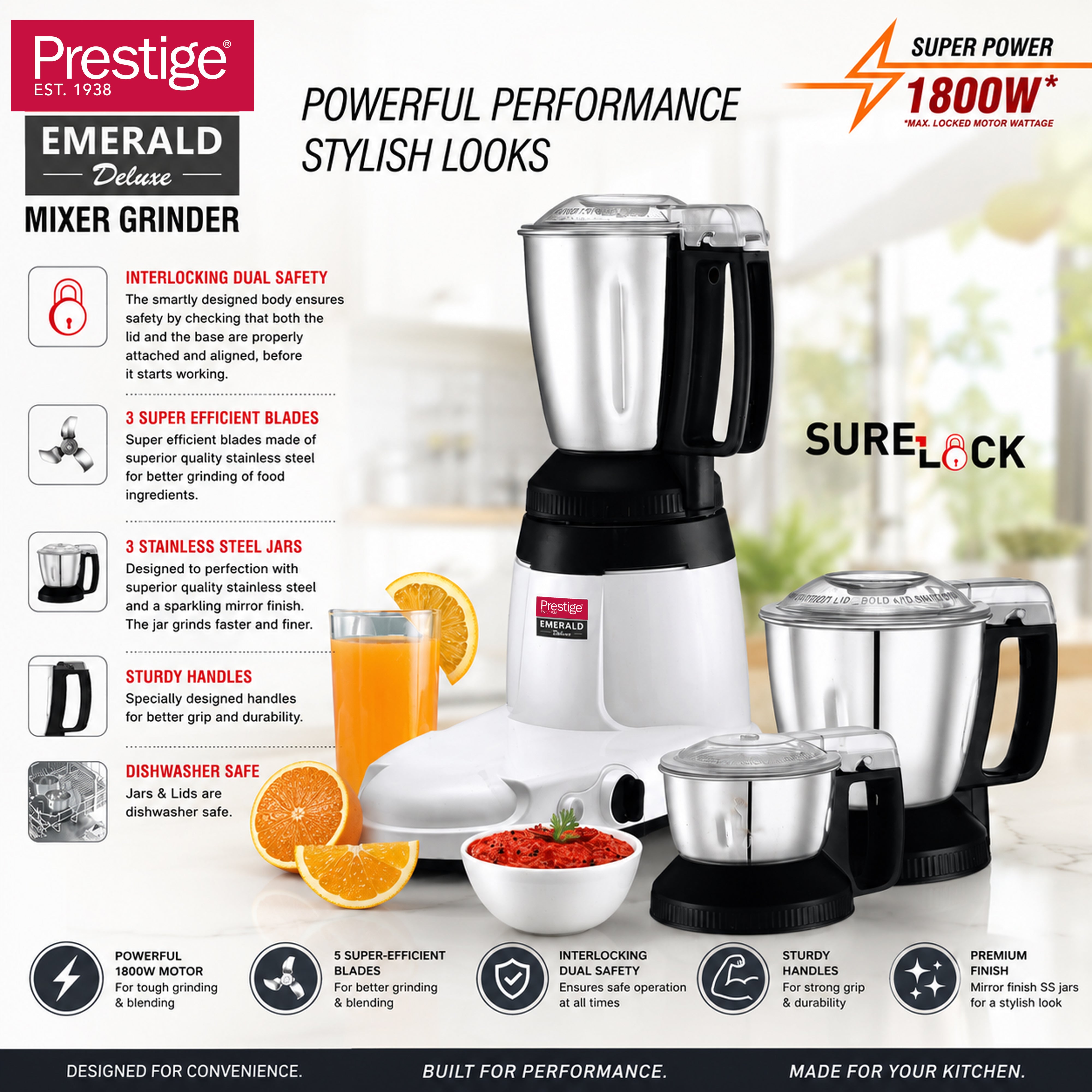 Prestige Emerald Deluxe 1800W Max Mixer Grinder with 3 Jars | PR43192