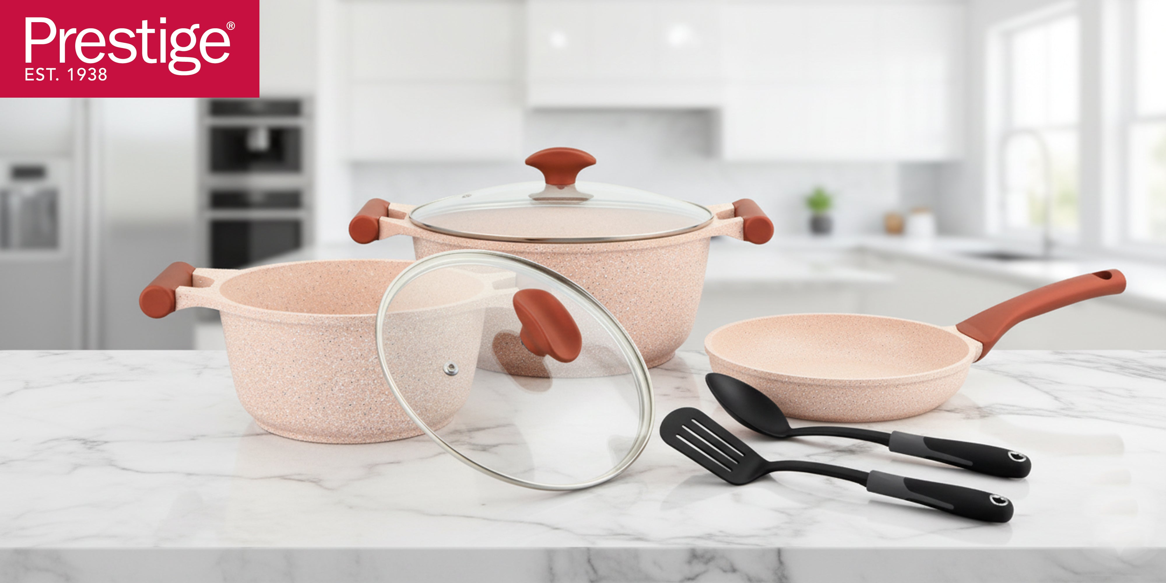 Prestige Essentials Granite 7 Piece Non-Stick Cast Aluminium Cookware Sets | Induction Compatible Pots and Pans Set | Pink - PR80961