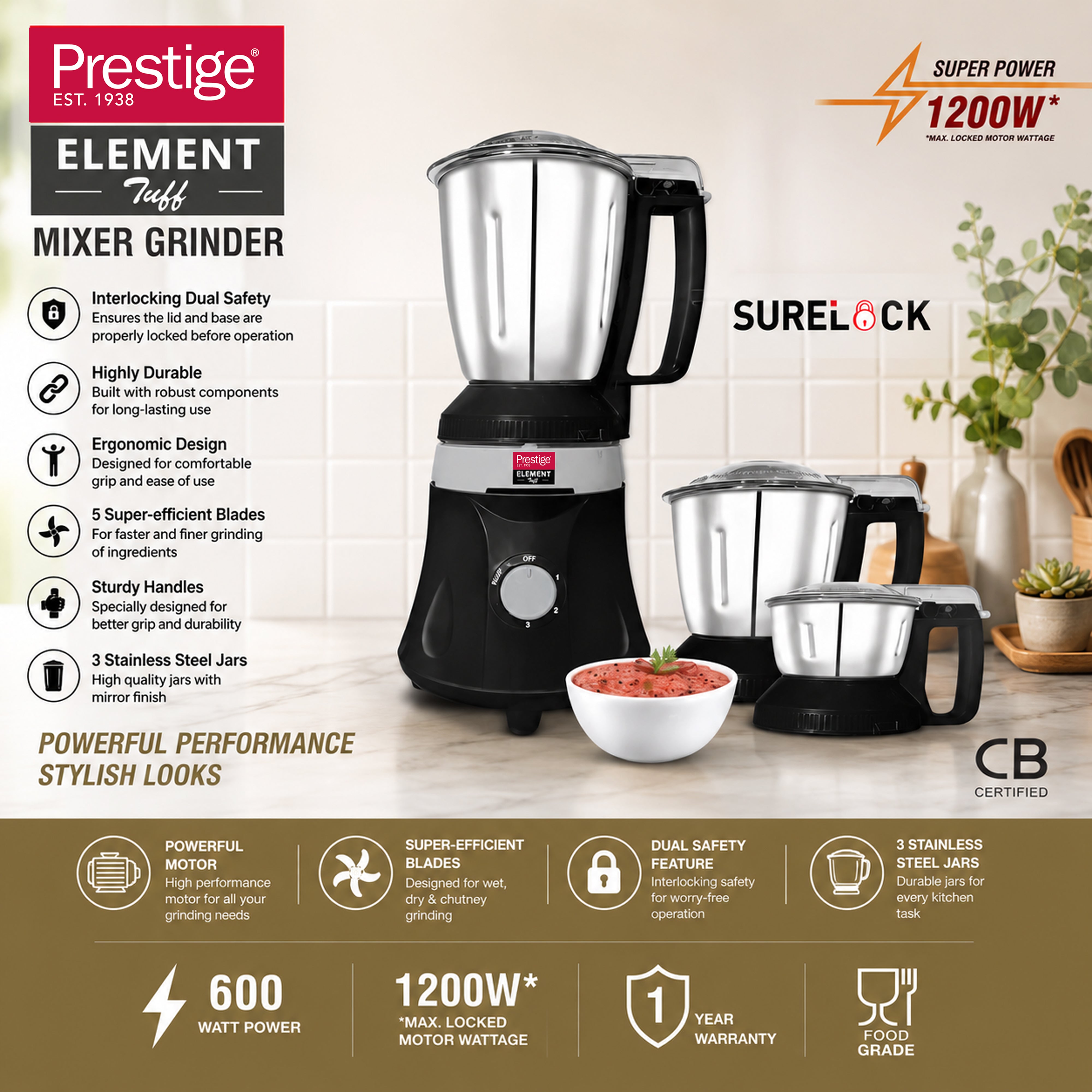 Prestige Element Tuff Mixer Grinder 1200W Max With 3 Jars - Black | PR43191