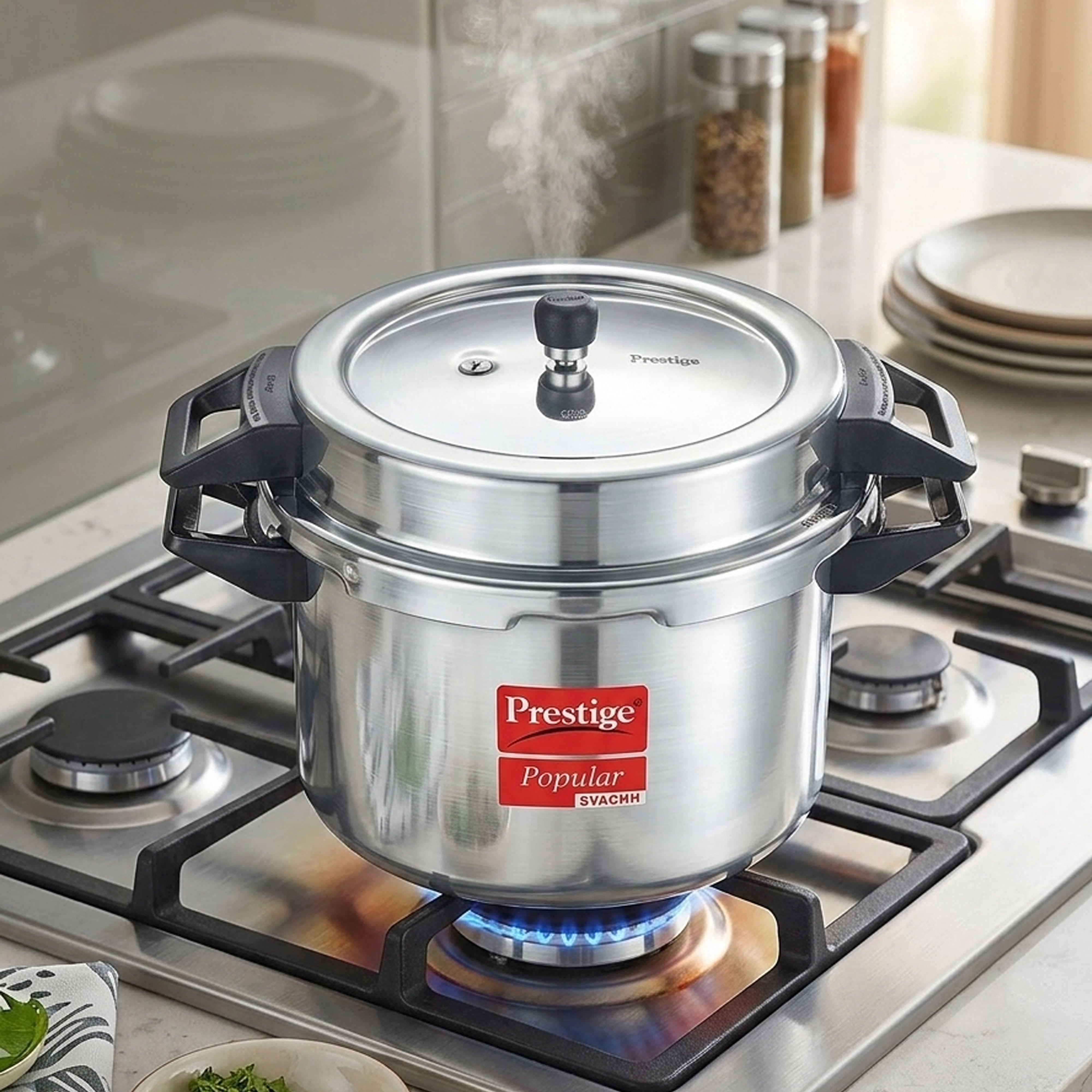 Prestige Popular Plus Svachh Virgin Aluminium Spillage Control Outer Lid Pressure Cooker, (Silver), 20 Liter