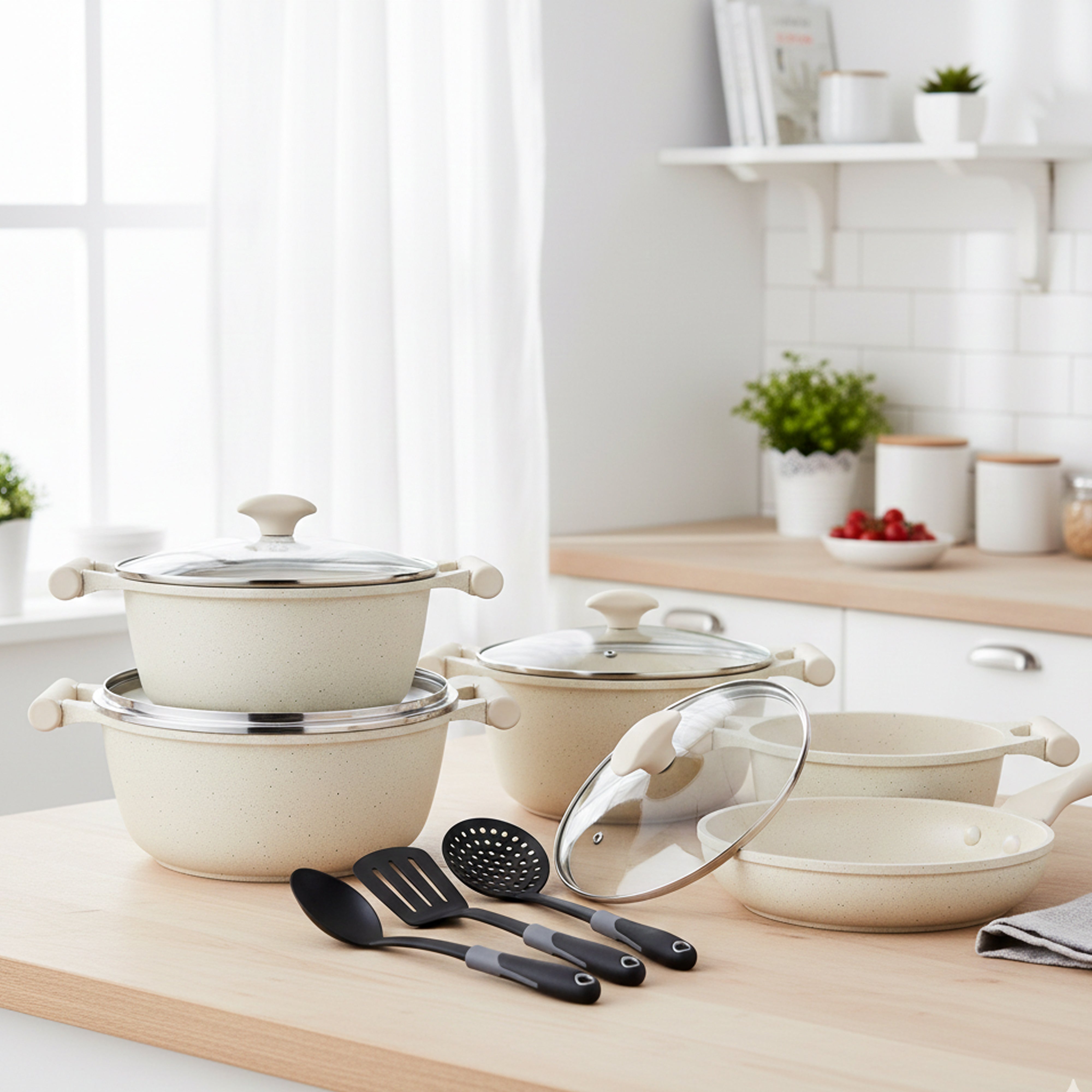 Prestige Essentials 12-Piece Off-White Granite Cookware Set | Non-Stick Pots and Pans Set | Induction Compatible Cooking Set | PR80977