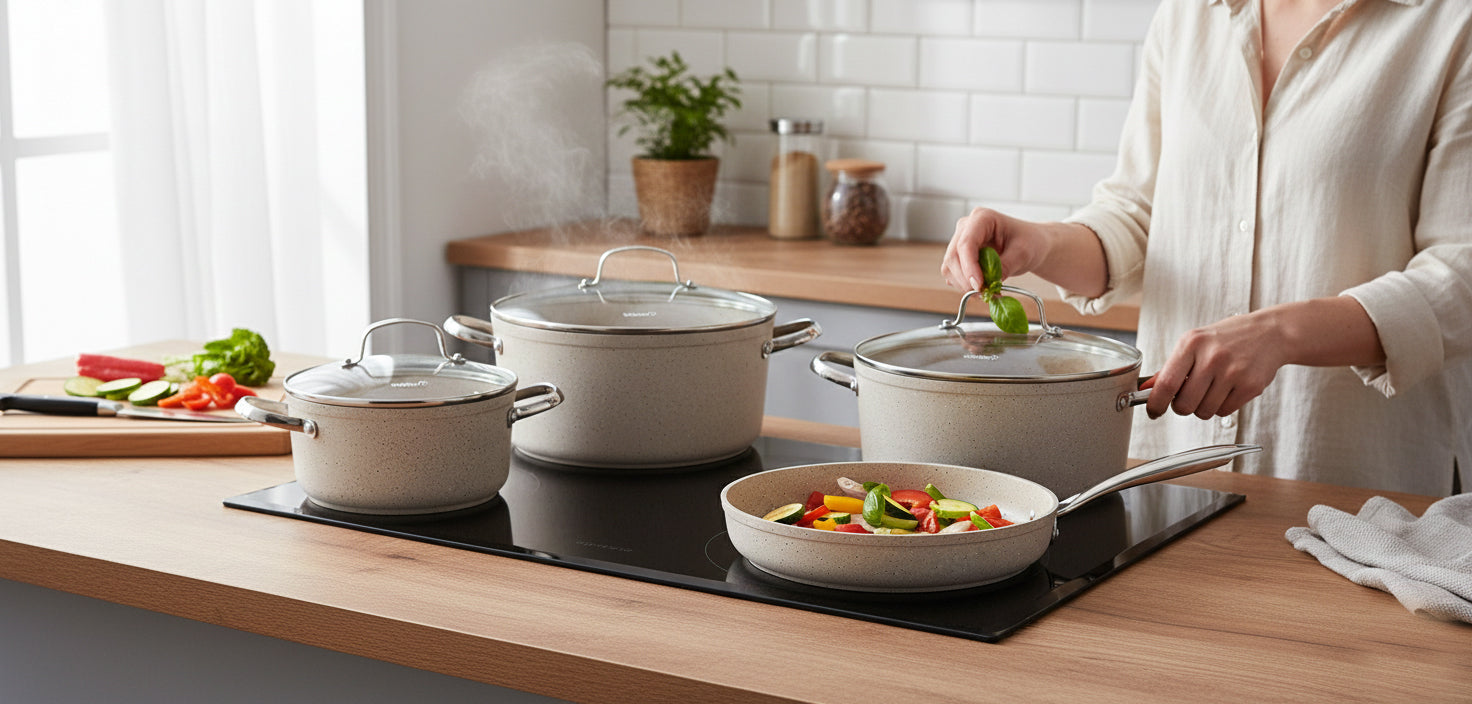 Korkmaz Granita 7 Pieces Non-Stick Cookware Set | Forged Aluminum Granite Coated Induction Base Cookware Pots and Pans Set | Beige - KA1272