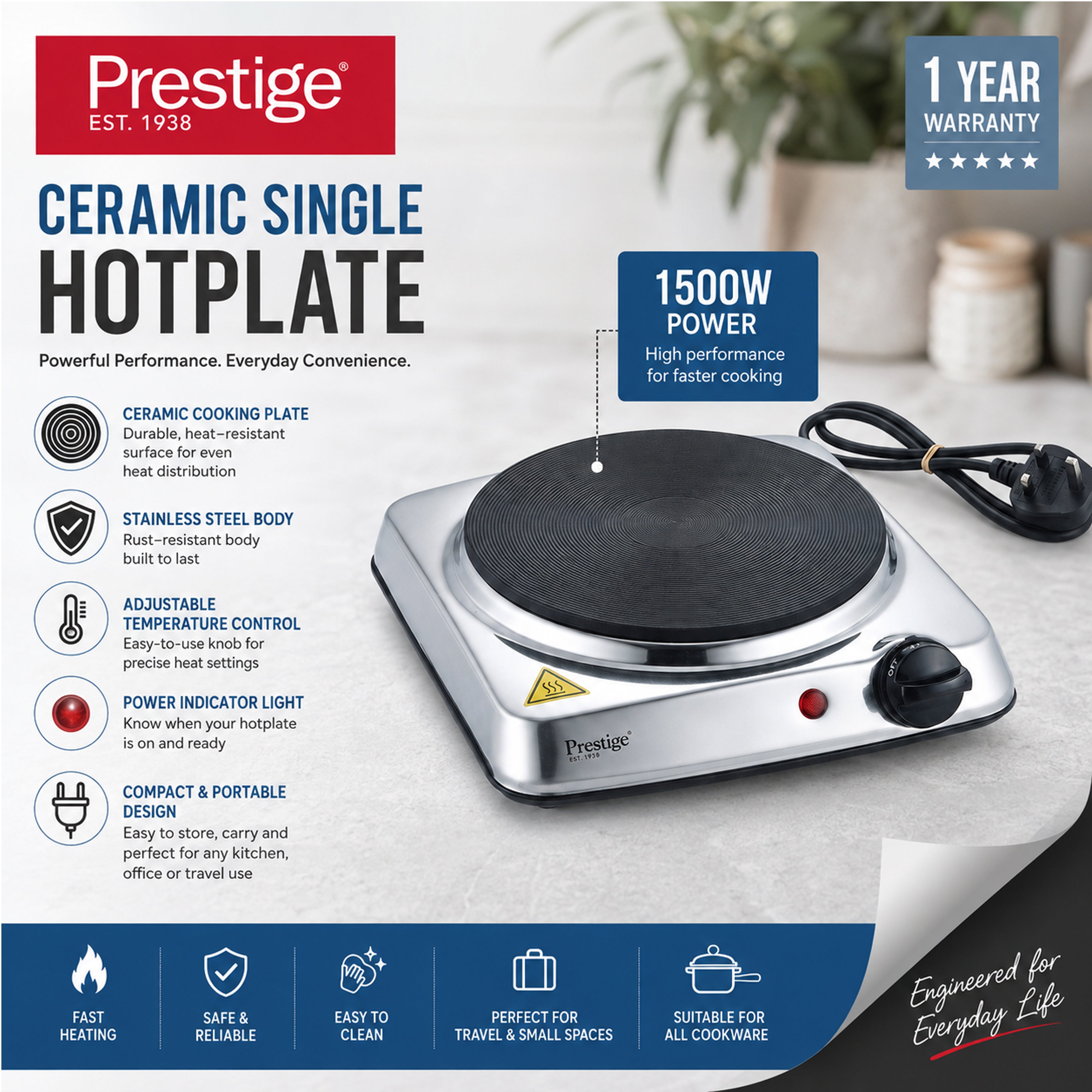 Prestige Ceramic Single Hotplate Stainless Steel Body With 185 Mm Heating Zone | 1500W - PR81402