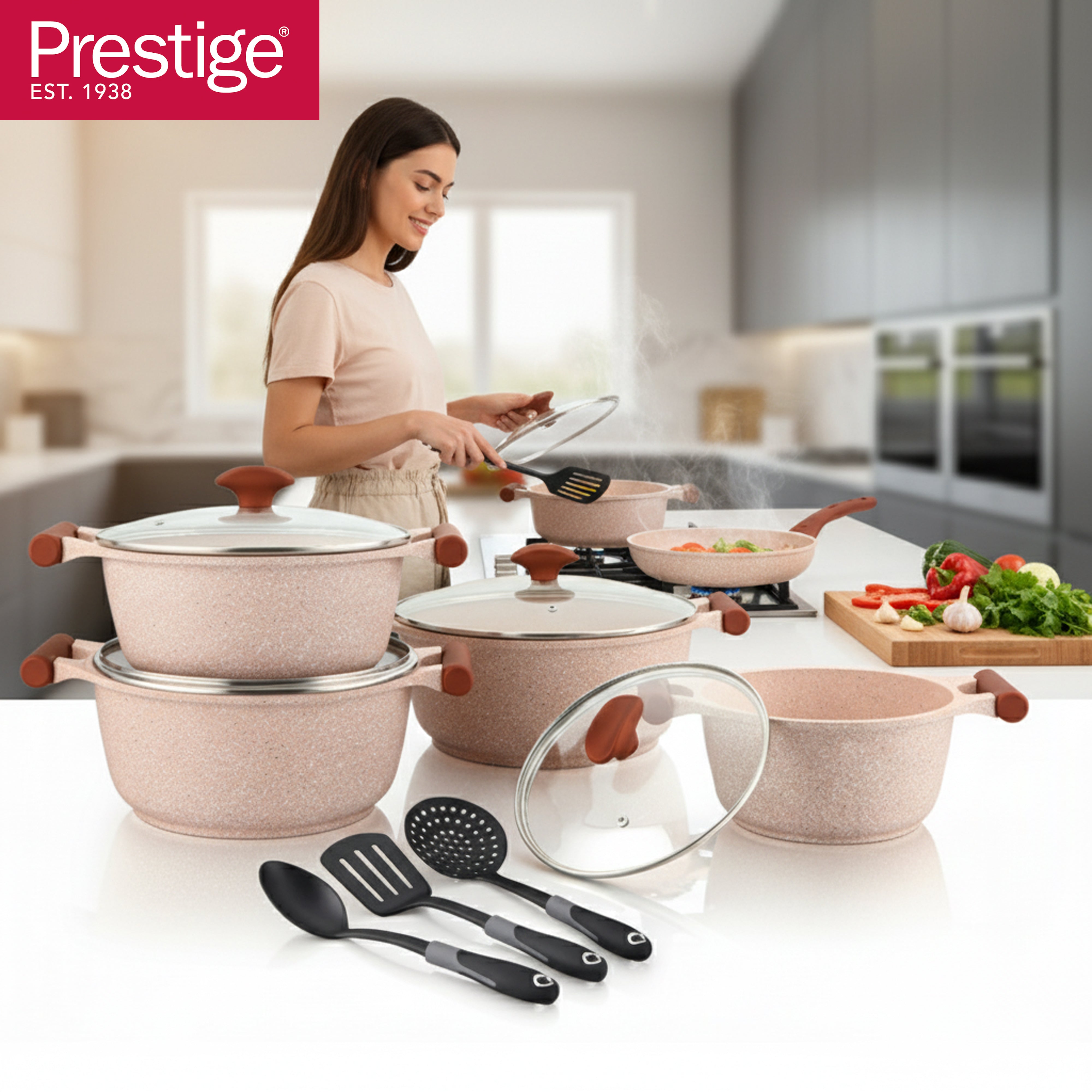 Prestige Essentials Granite 12 Piece Non-Stick Cast Aluminium Cookware sets |Induction Compatible Pots and Pans Set | Pink - PR80964