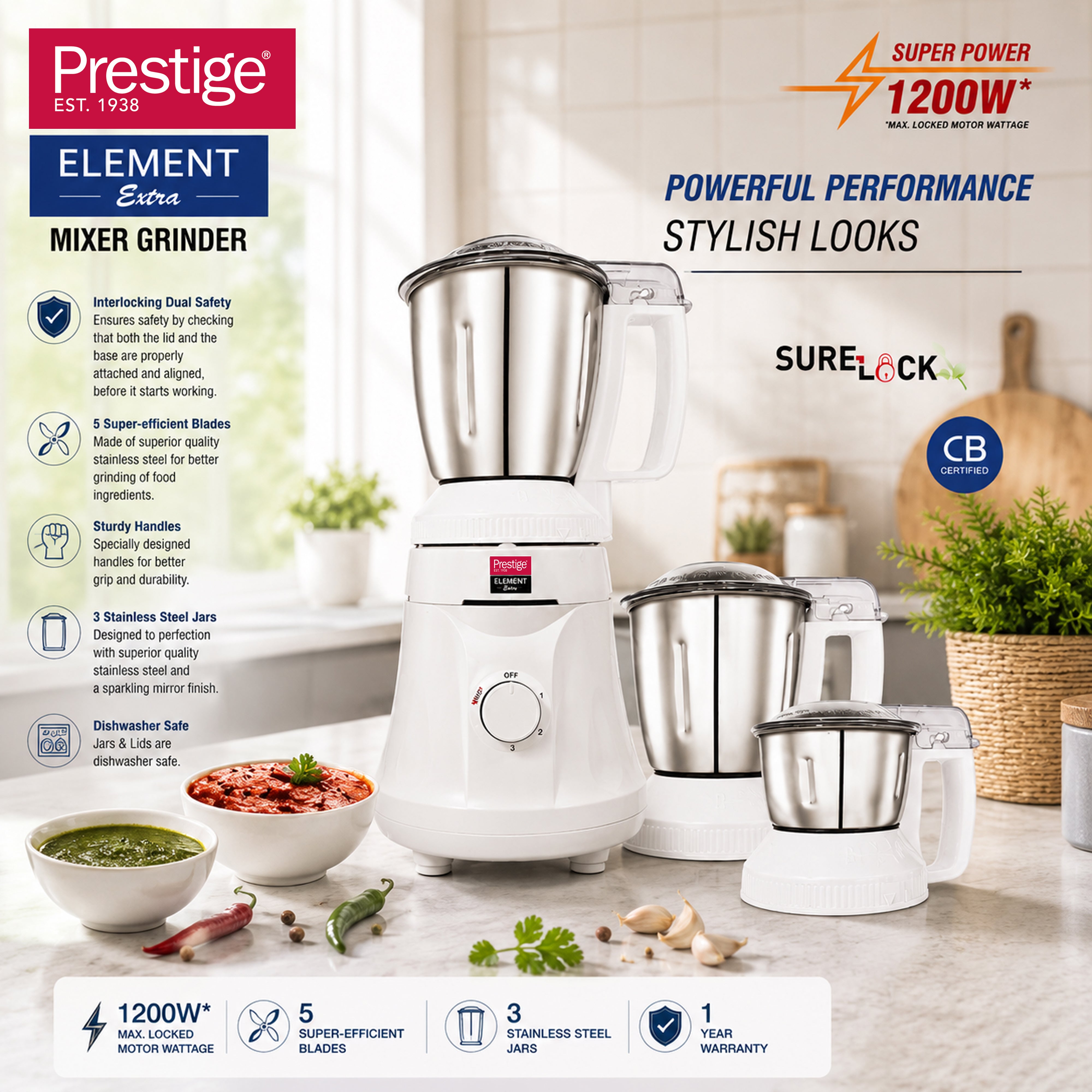Prestige Element Extra Mixer Grinder 1200W Max With 3 Jars - White | PR43190