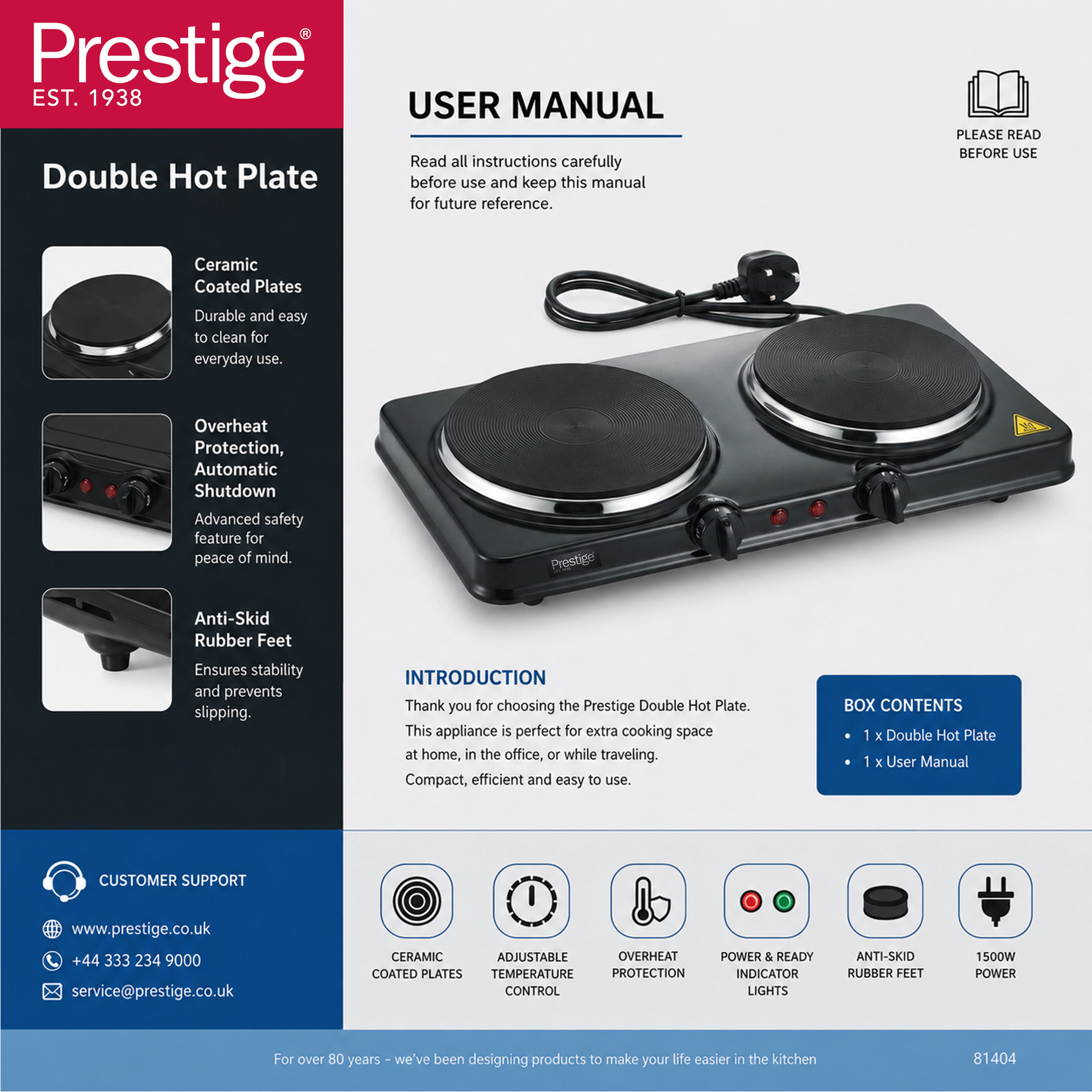 Prestige 2500W Ceramic Double Hotplate Rust Proof Body With Dual Temperature Controls |  PR81405 - Black