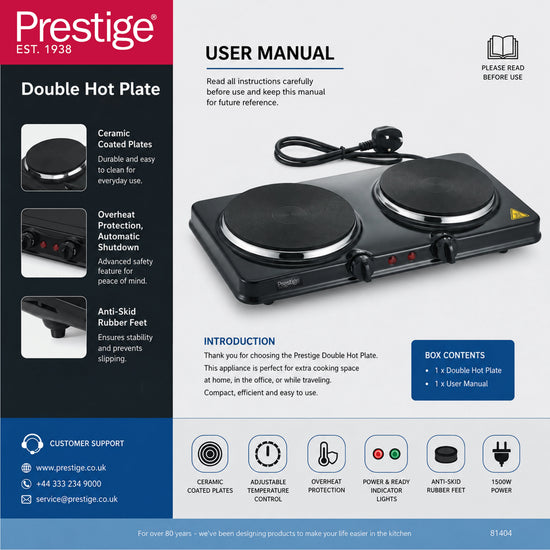 Prestige 2500W Ceramic Double Hotplate Rust Proof Body With Dual Temperature Controls |  PR81405 - Black