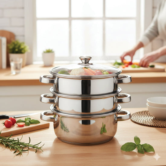 Winsor 3 Tier Stainless Steel Induction Steamer with Steam Vent Glass Lid 24CM (3.8 Ltr Capacity) | WR80843