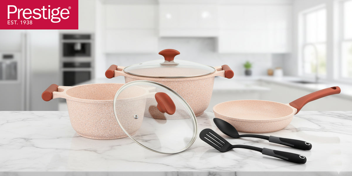Prestige Essentials Granite 7 Piece Non-Stick Cast Aluminium Cookware Sets | Induction Compatible Pots and Pans Set | Pink - PR80961