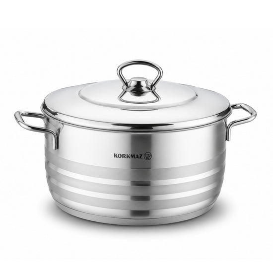 Korkmaz Astra 11 Pcs Stainless Steel Cookware Set | Turkish Induction Compatible Tri-Ply Bottom Pots and Pans Set | Silver KA1090