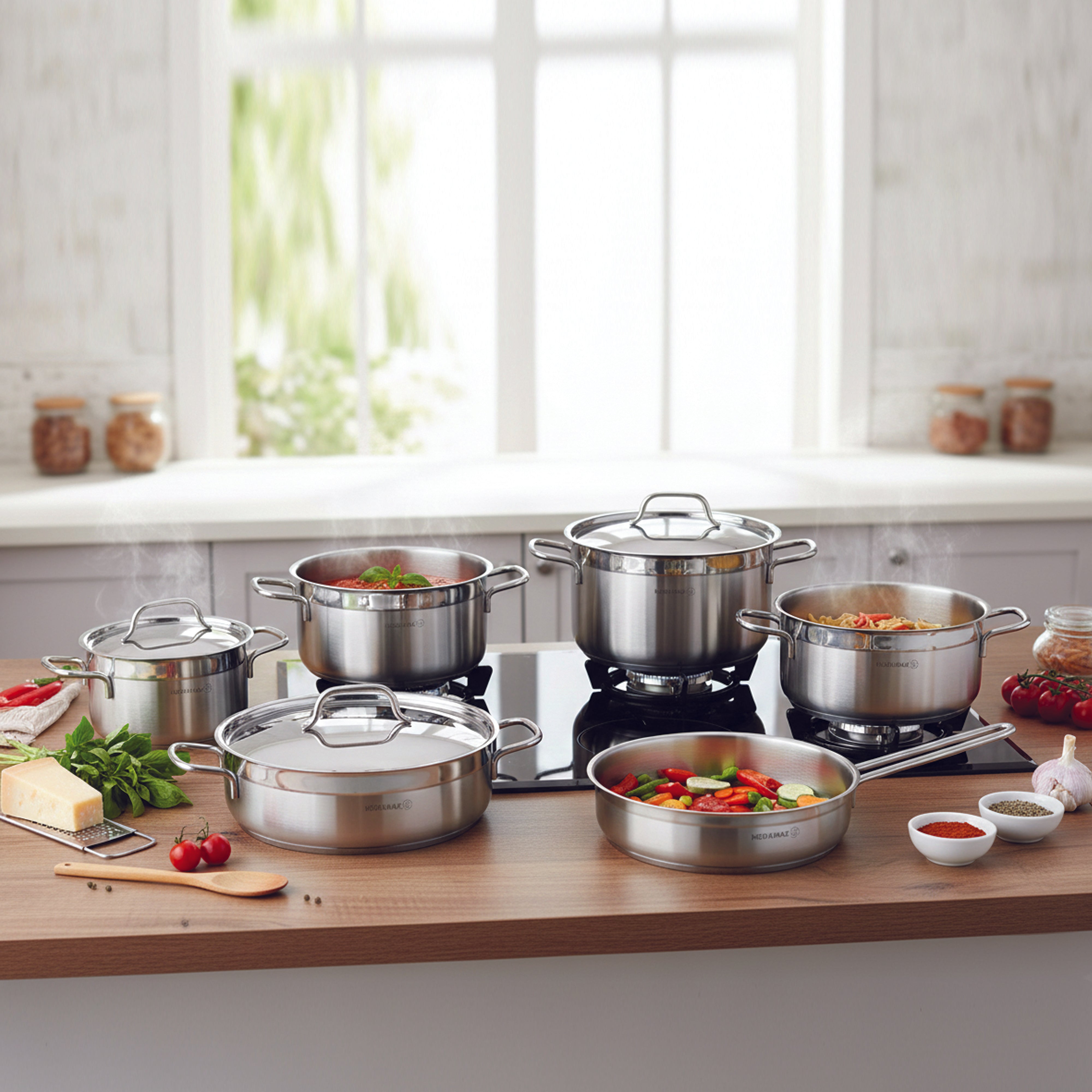 Korkmaz Alfa XL 11 Pieces Stainless Steel Cookware Set | Induction Compatible Tri-Ply Bottom Pots and Pans Set | Silver -KA1641