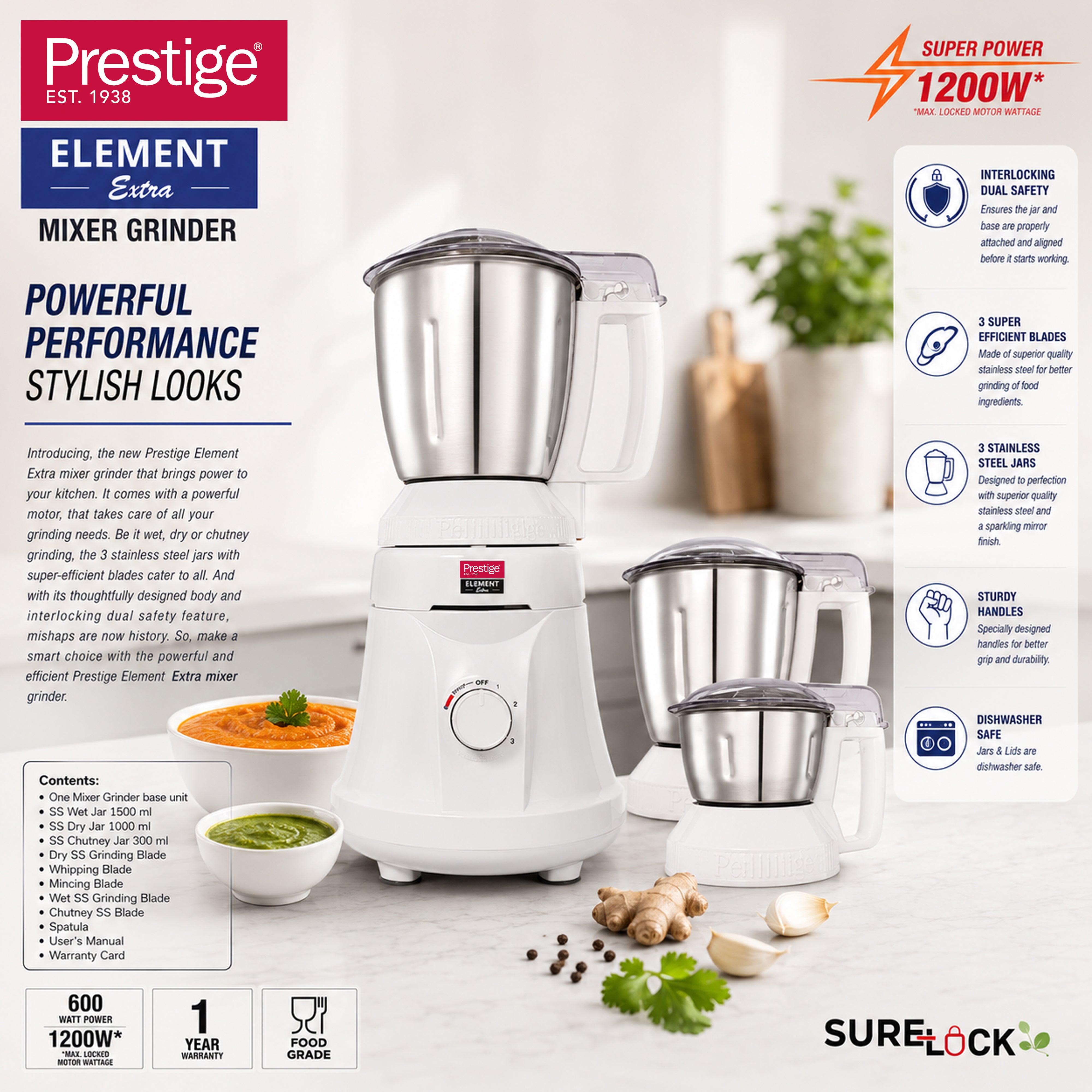 Prestige Element Extra Mixer Grinder 1200W Max With 3 Jars - White | PR43190