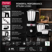 Prestige Element Tuff Mixer Grinder 1200W Max With 3 Jars - Black | PR43191