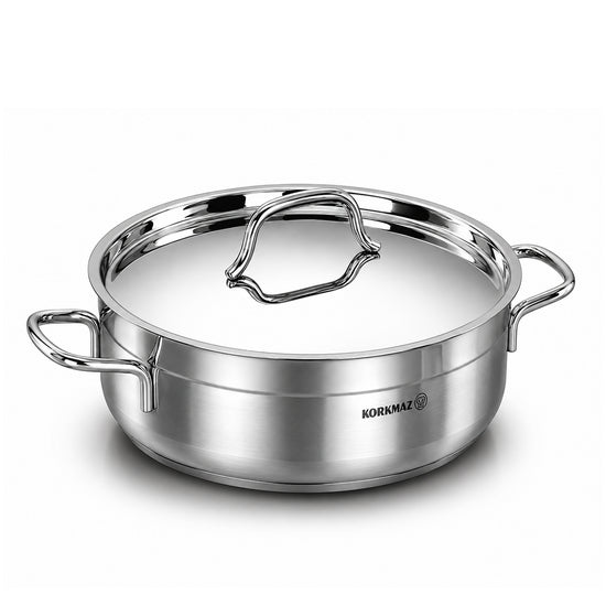 Korkmaz Alfa Grande 14 Pieces Stainless Steel Cookware Set | Stainless Steel Induction Compatible Tri-Ply Bottom Pots and Pans Set | Silver - KA1089