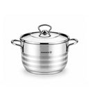 A Korkmaz stainless steel pot with a matching lid, featuring two side handles and horizontal etched stripes on the lower half of the pot, set against a plain white background.