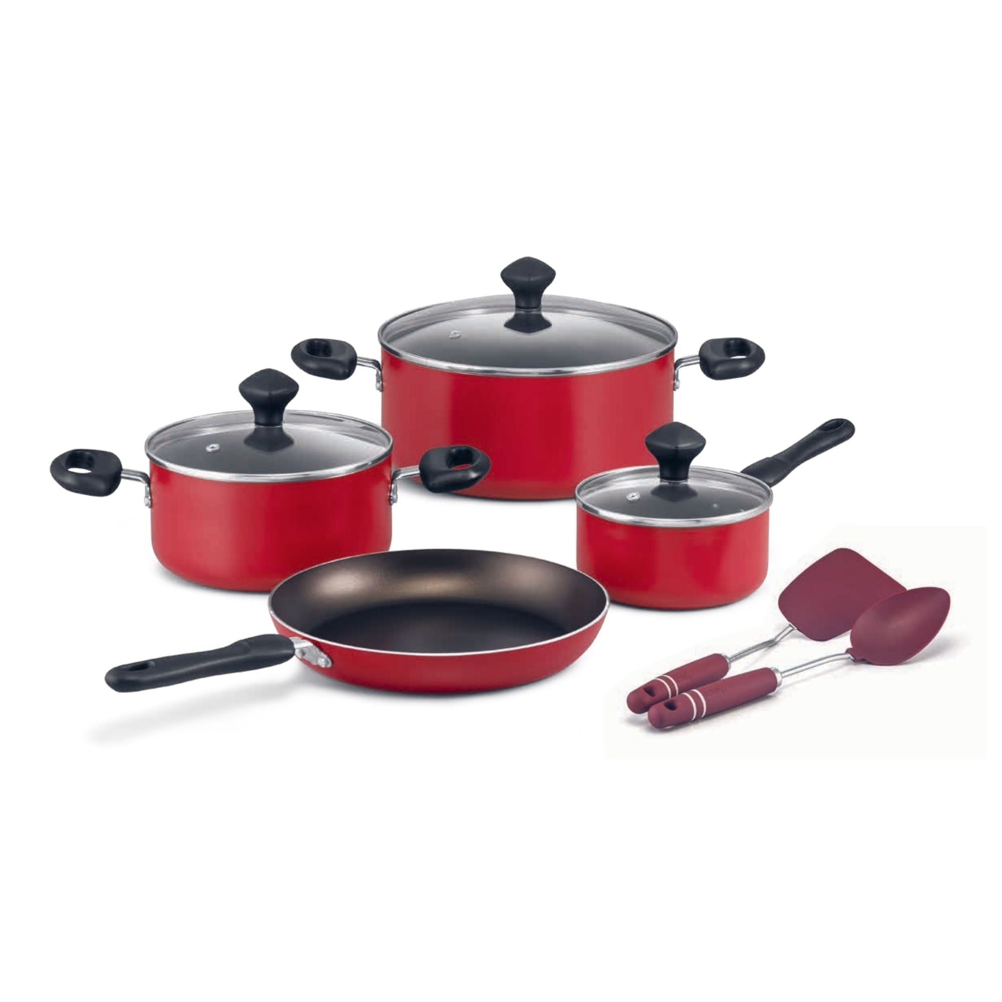 Prestige Value Pack Non-Stick Cookware sets 9Pcs | Non Stick Aluminium Pots and Pans Cooking Set | Soup Pots Set | Frying Pan Set | PR22430 - Red